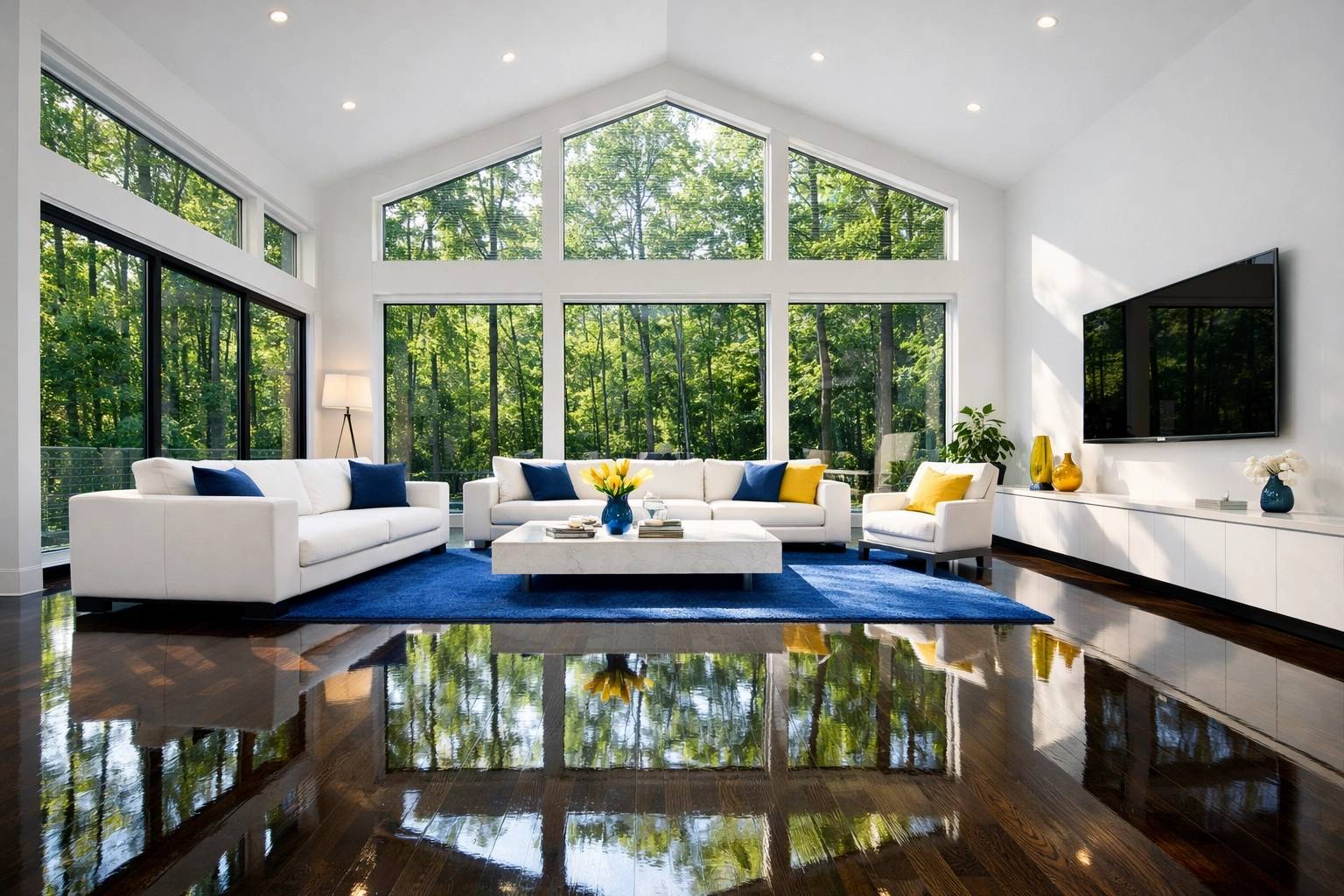 Spotless modern living room in Dover, MA, showcasing professional residential cleaning Massachusetts.