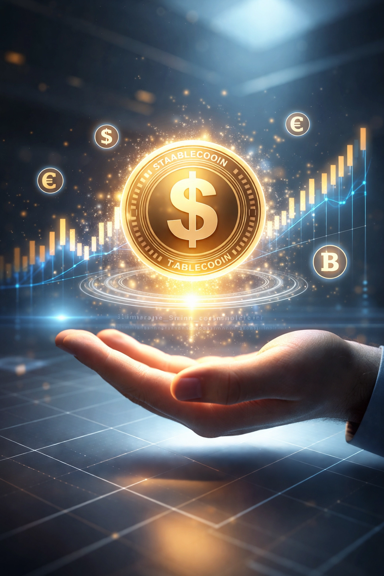 A hand holding a glowing stablecoin with holographic price charts, symbolizing secure, seamless crypto transactions in the metaverse.