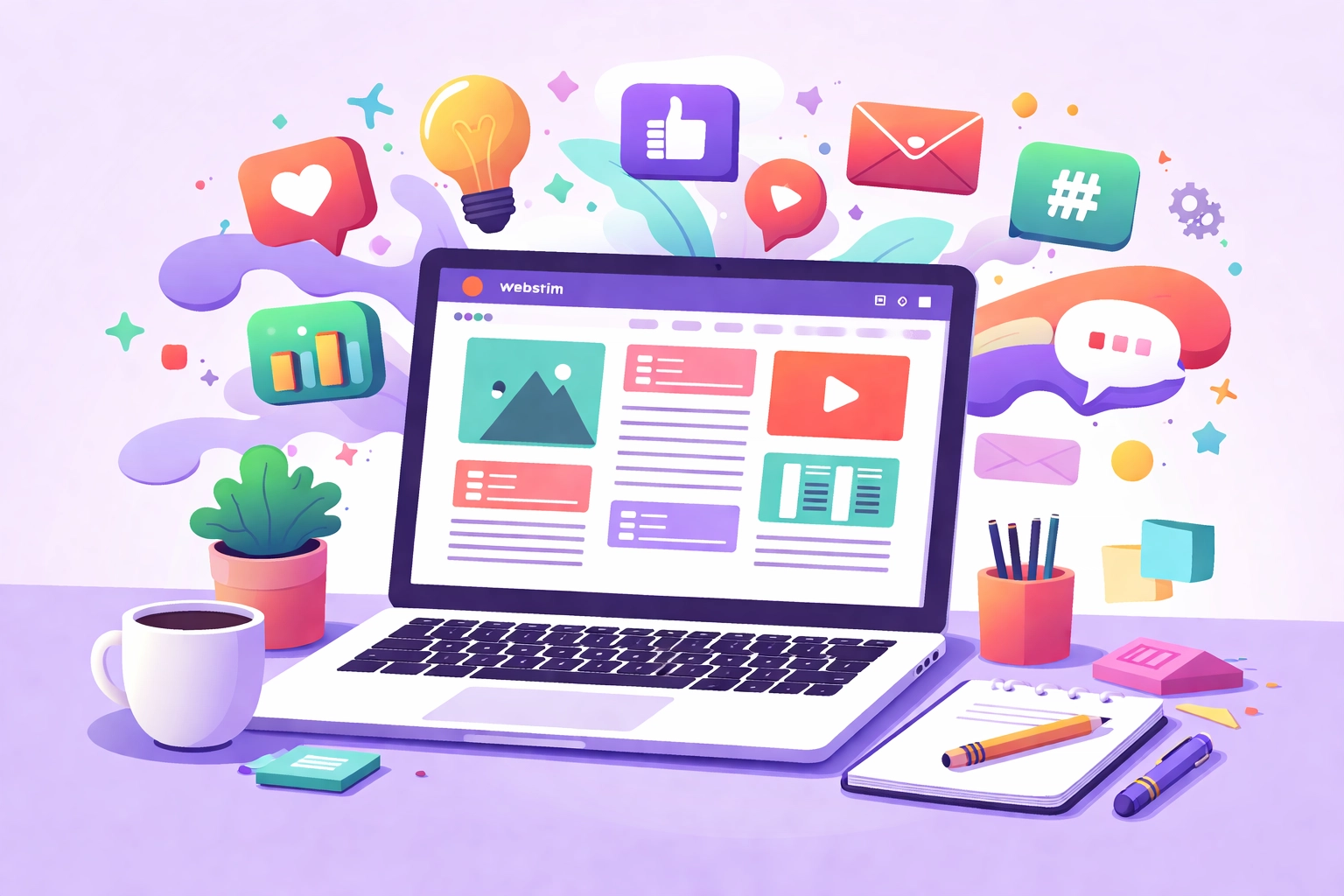 Creative workspace with a laptop and digital content highlights AI-powered efficiency in Chattanooga marketing.