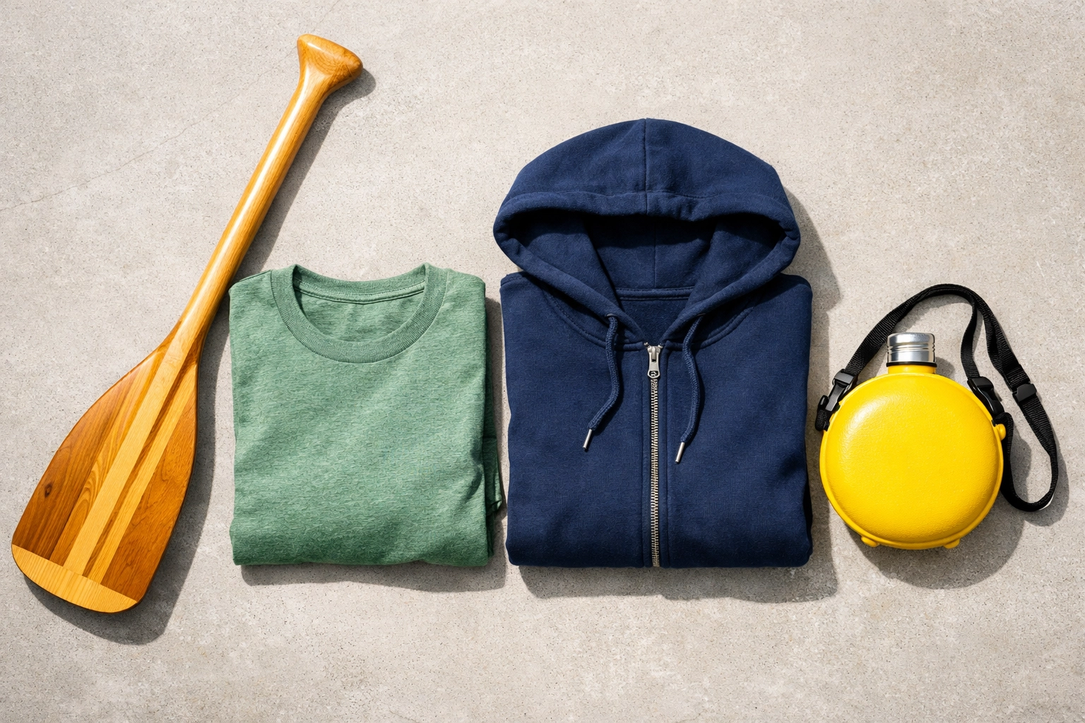 Flat-lay of high-quality summer camp apparel including a heather-green t-shirt and premium navy blue hoodie.