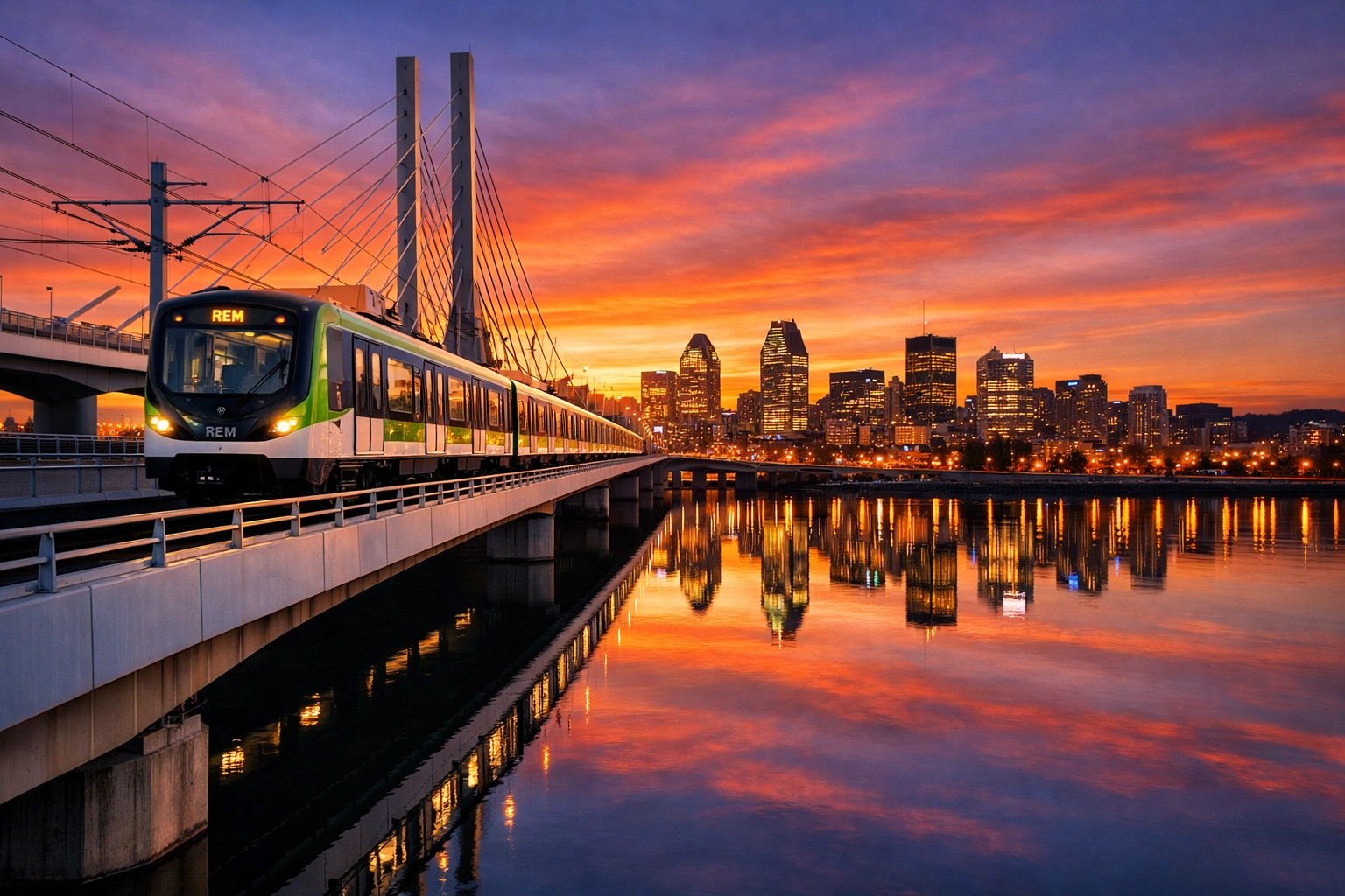 A sleek REM train crossing the Samuel De Champlain Bridge with the Montreal skyline in the background.