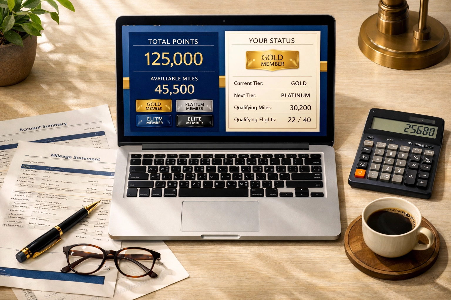 Laptop showing airline loyalty program accounts and statements for equitable distribution lawyer Virginia