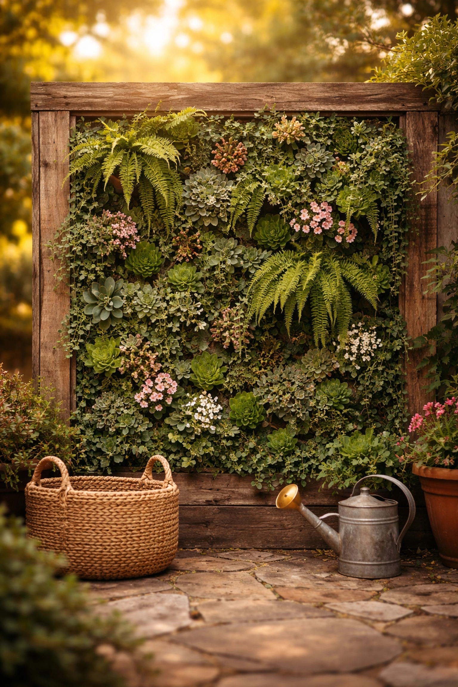Lush vertical living wall on rustic patio with ferns, succulents, and handwoven basket, showcasing patio garden ideas