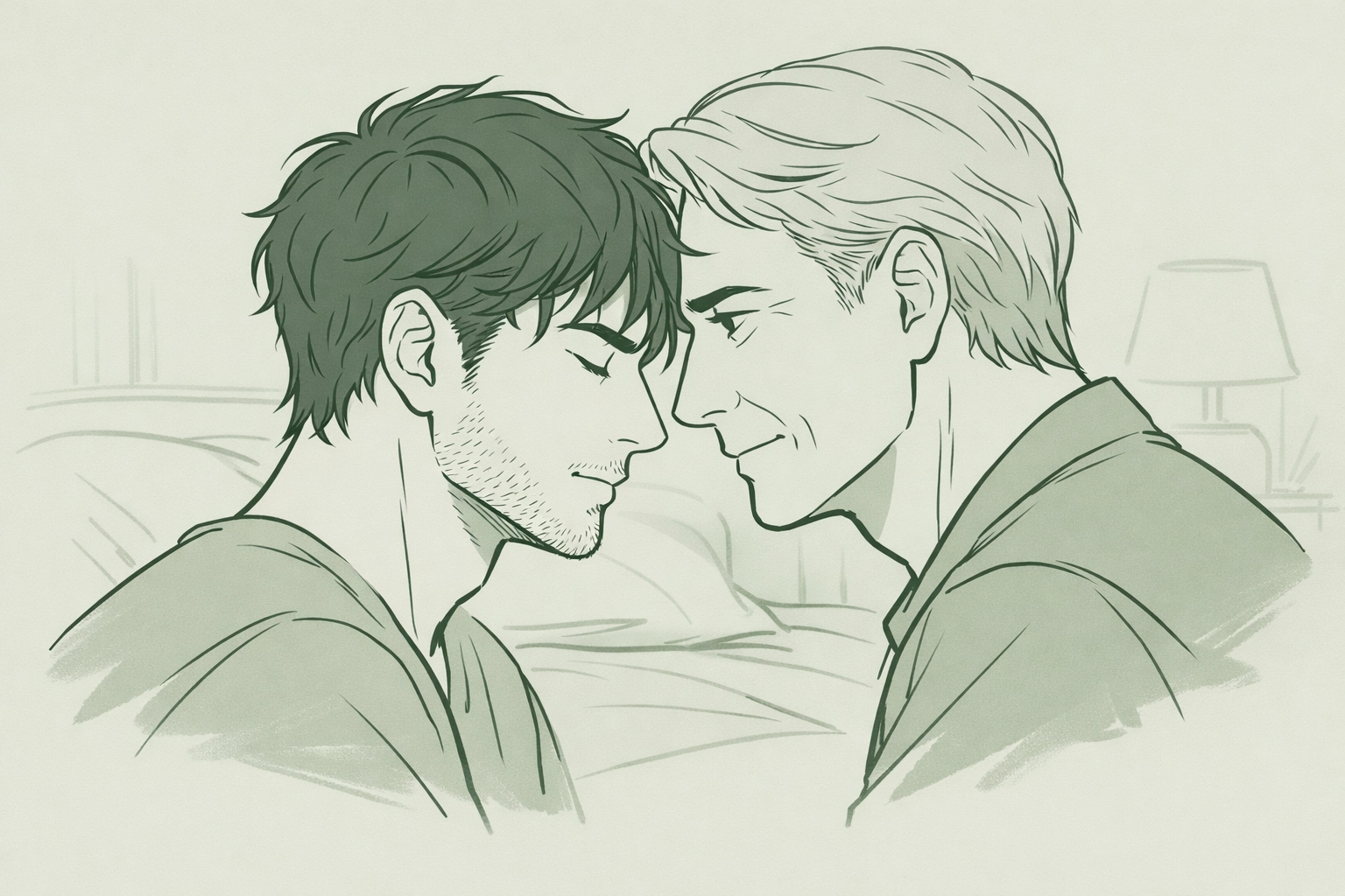 Intimate moment between younger man and silver fox showing emotional depth in age gap romance