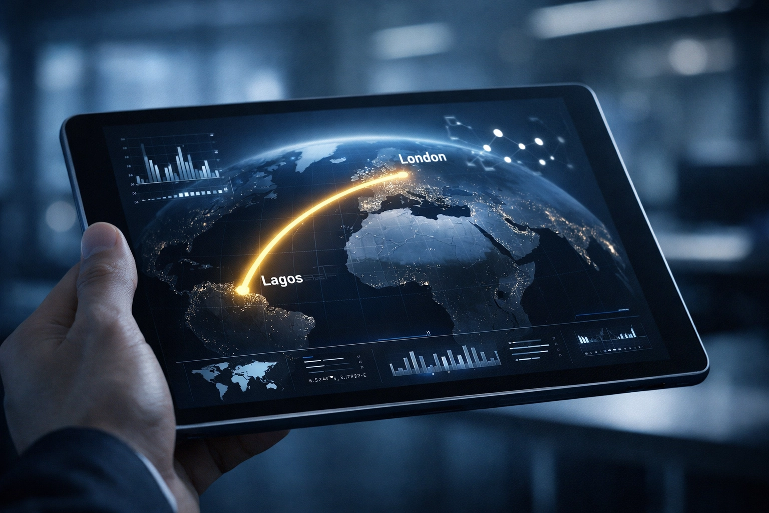Digital map on a tablet showing real-time global tracking of freight from Lagos to London.