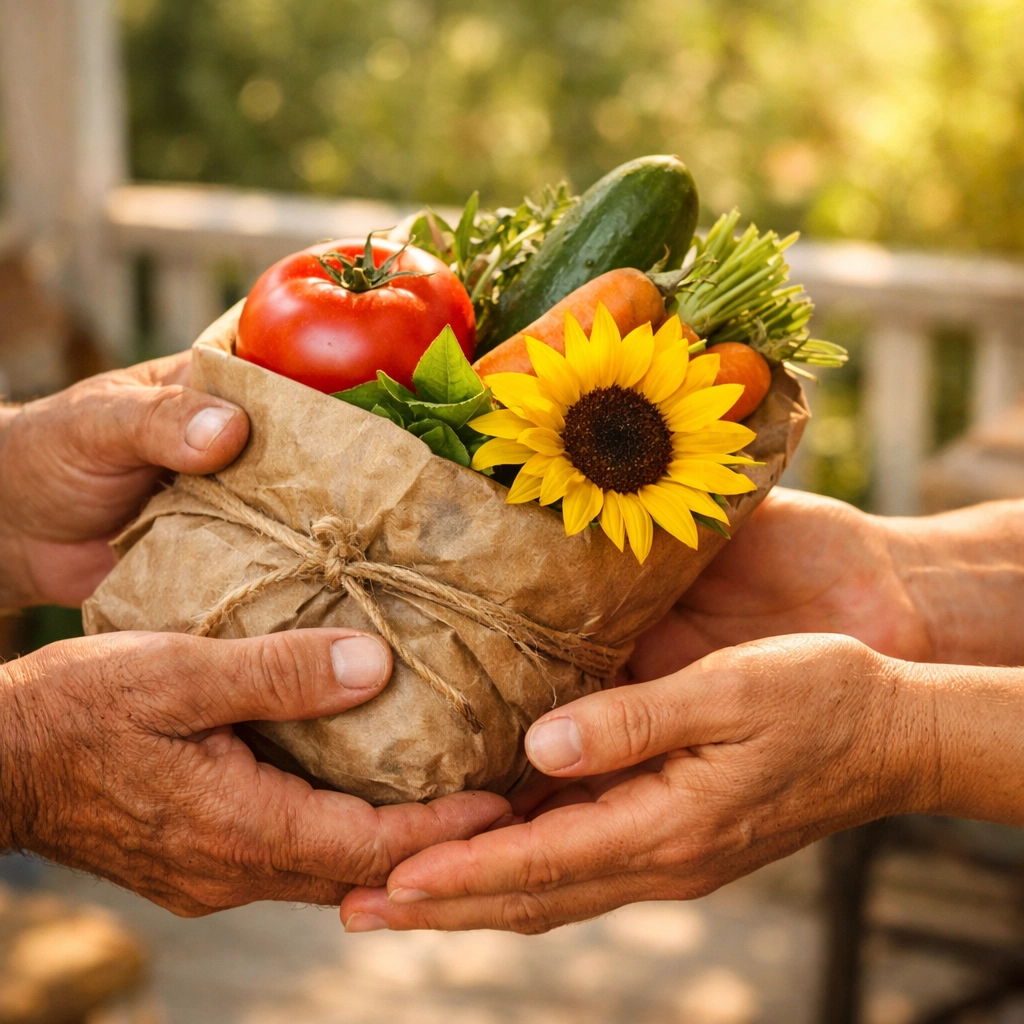 Hands sharing fresh garden vegetables and flowers on a sunlit porch, showing the simple joy of helping others.