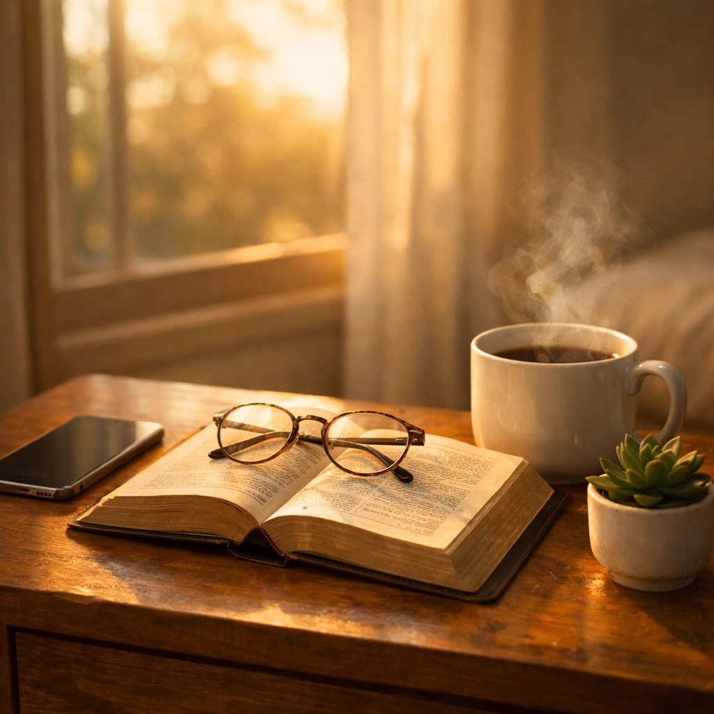 Peaceful morning setup with Bible and coffee, phone set aside for anxiety-free news consumption