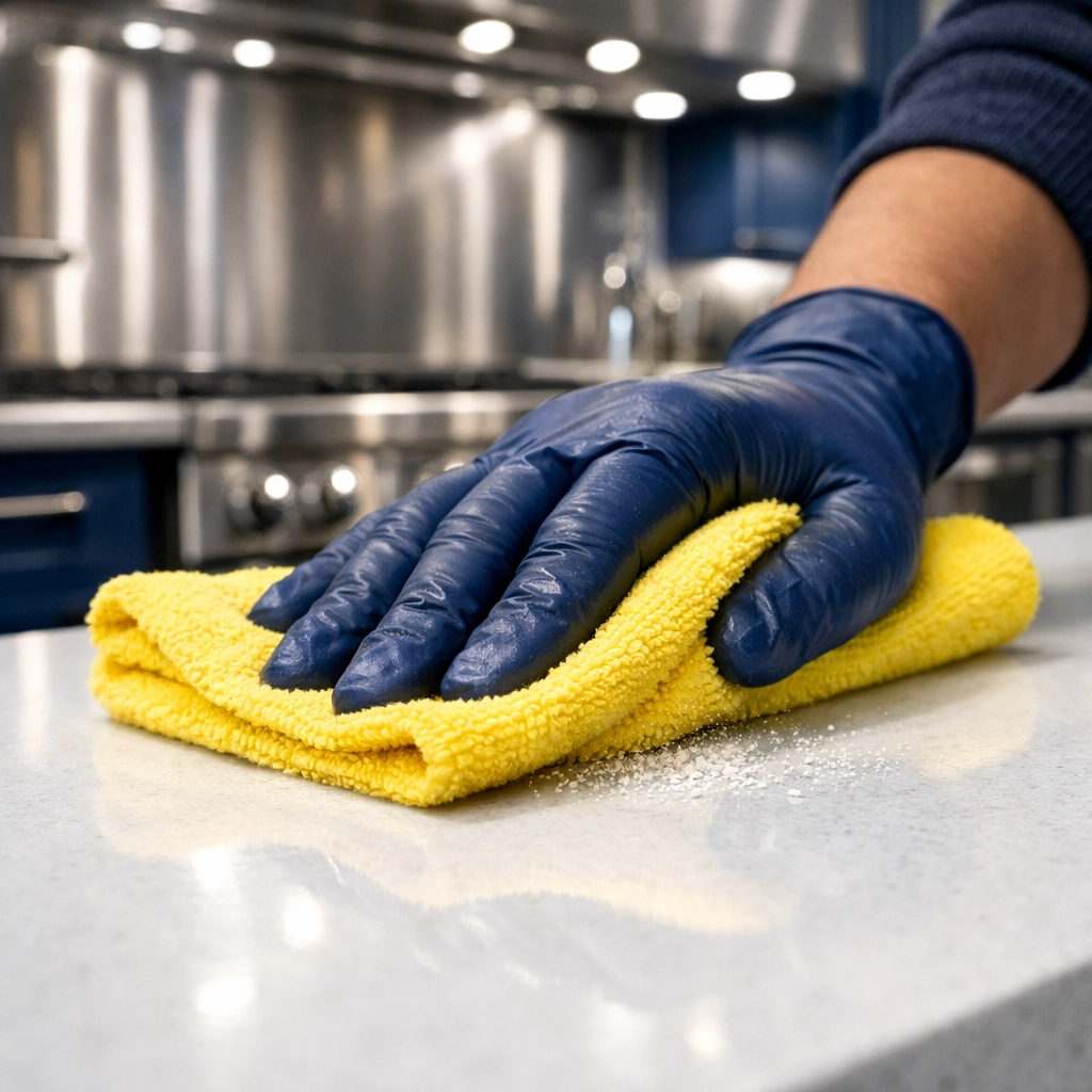 Close-up of meticulous dust removal from a commercial kitchen quartz countertop by a professional cleaner.