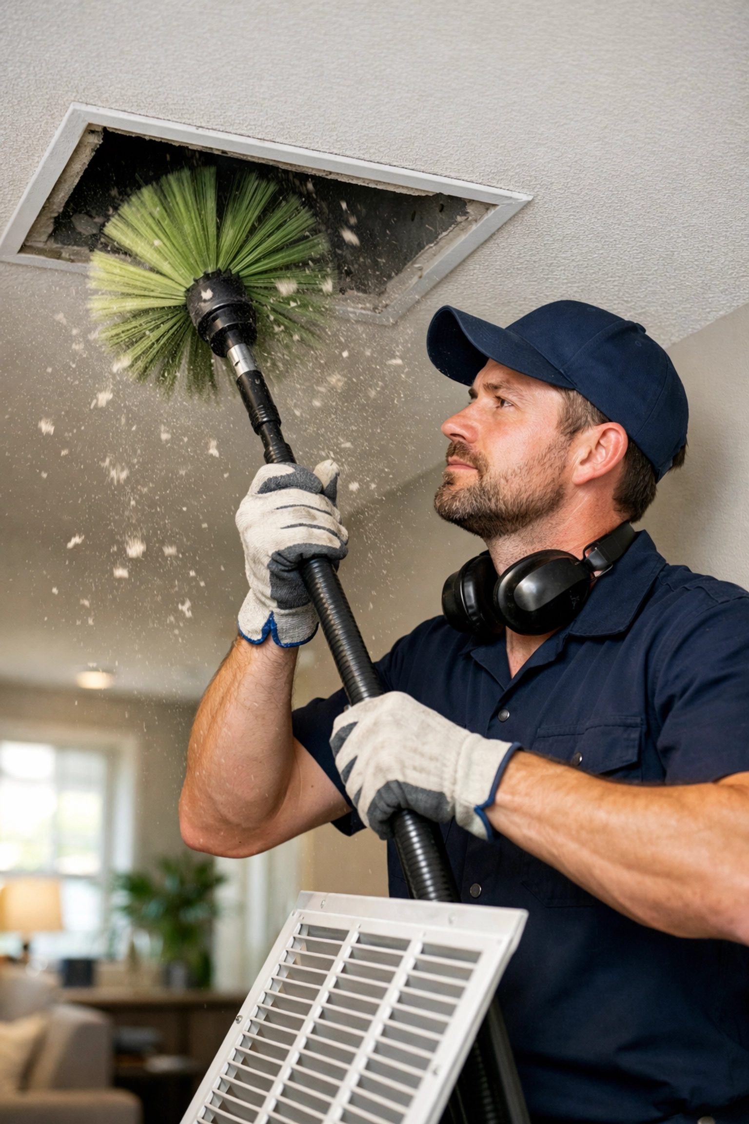 Professional technician performing air duct cleaning service in residential home