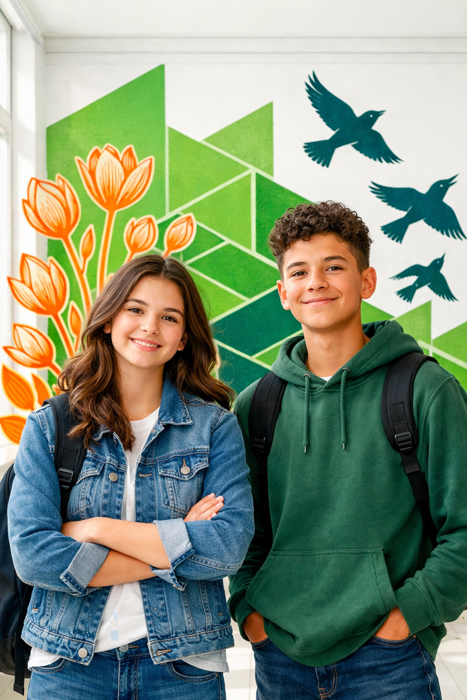 Confident teenagers standing in a bright hallway, showing healthy identity and resilience in growth.