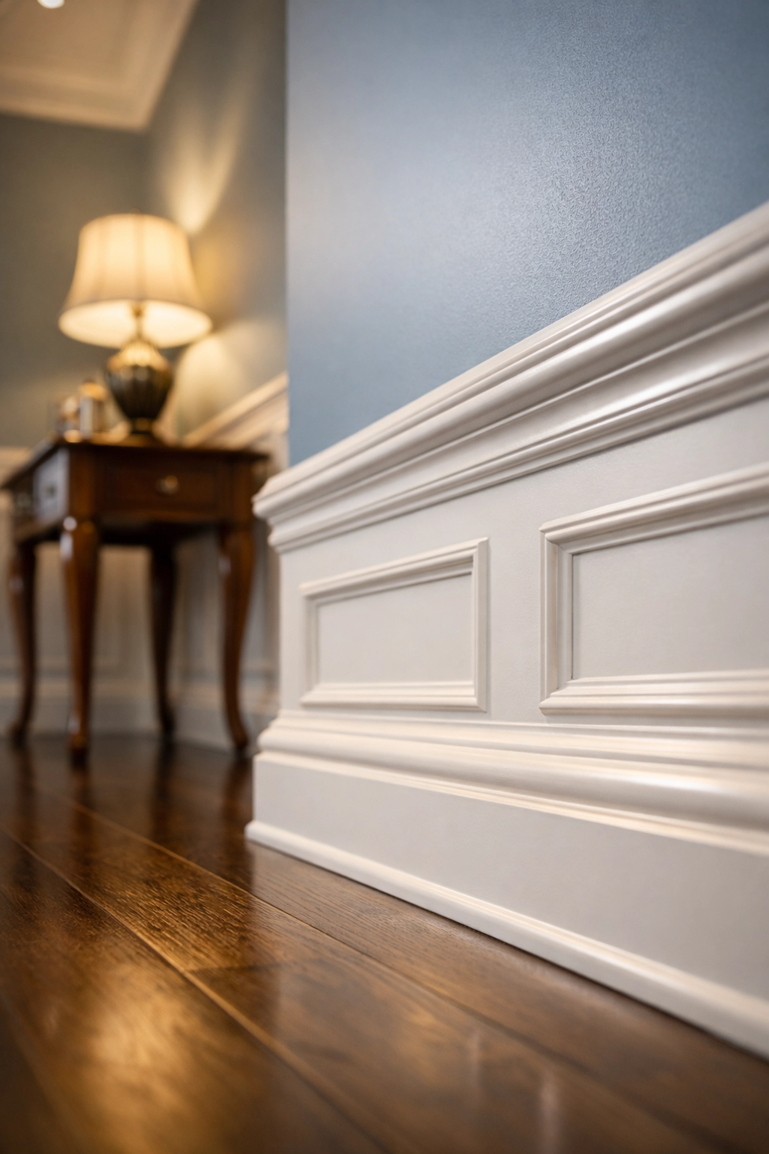Detailed cleaning of white baseboards and wainscoting in a dust-free Acton luxury home.