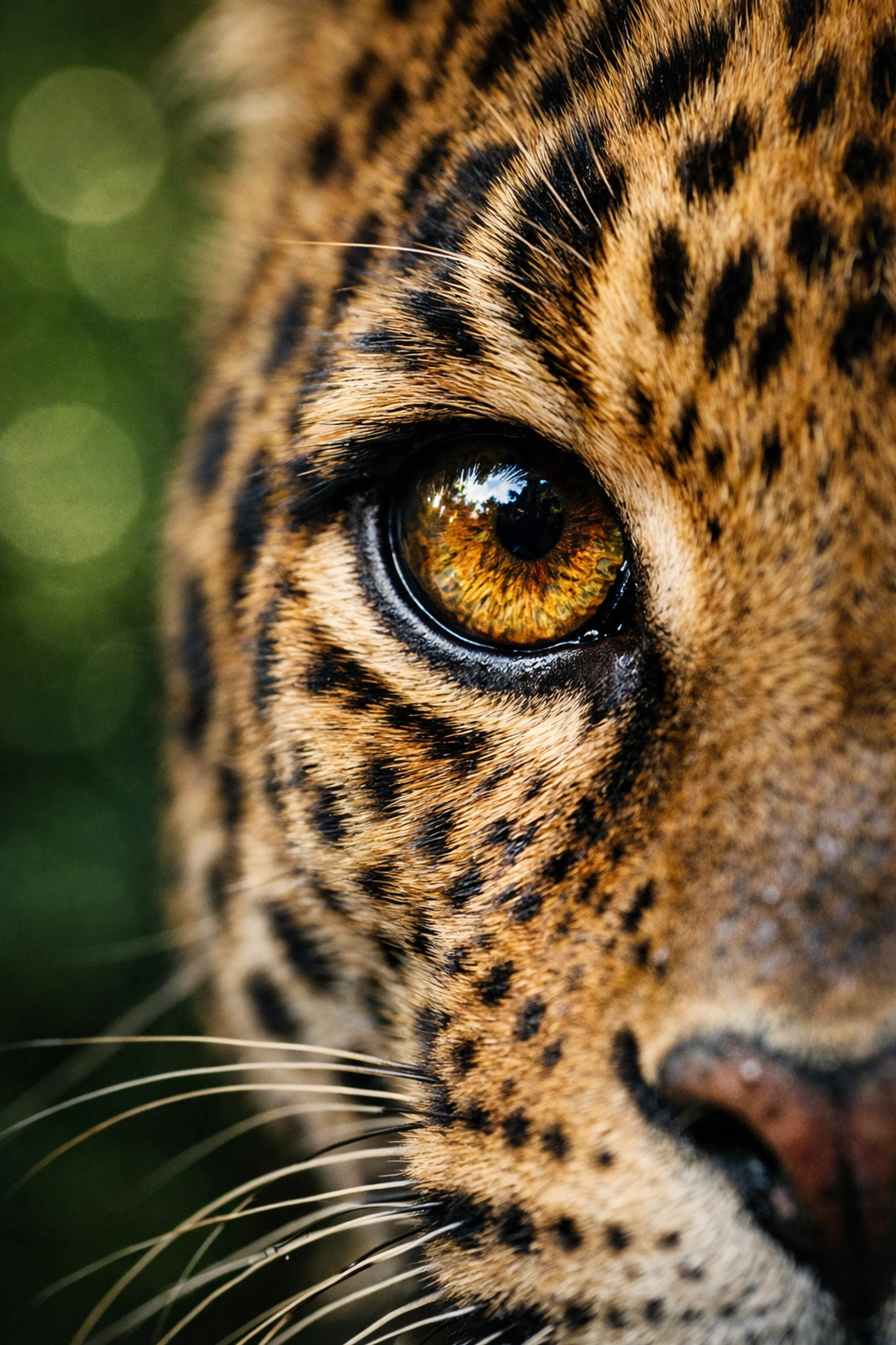 Detailed close-up of a leopard's eye and whiskers in the jungle for high-quality animal stock photos.