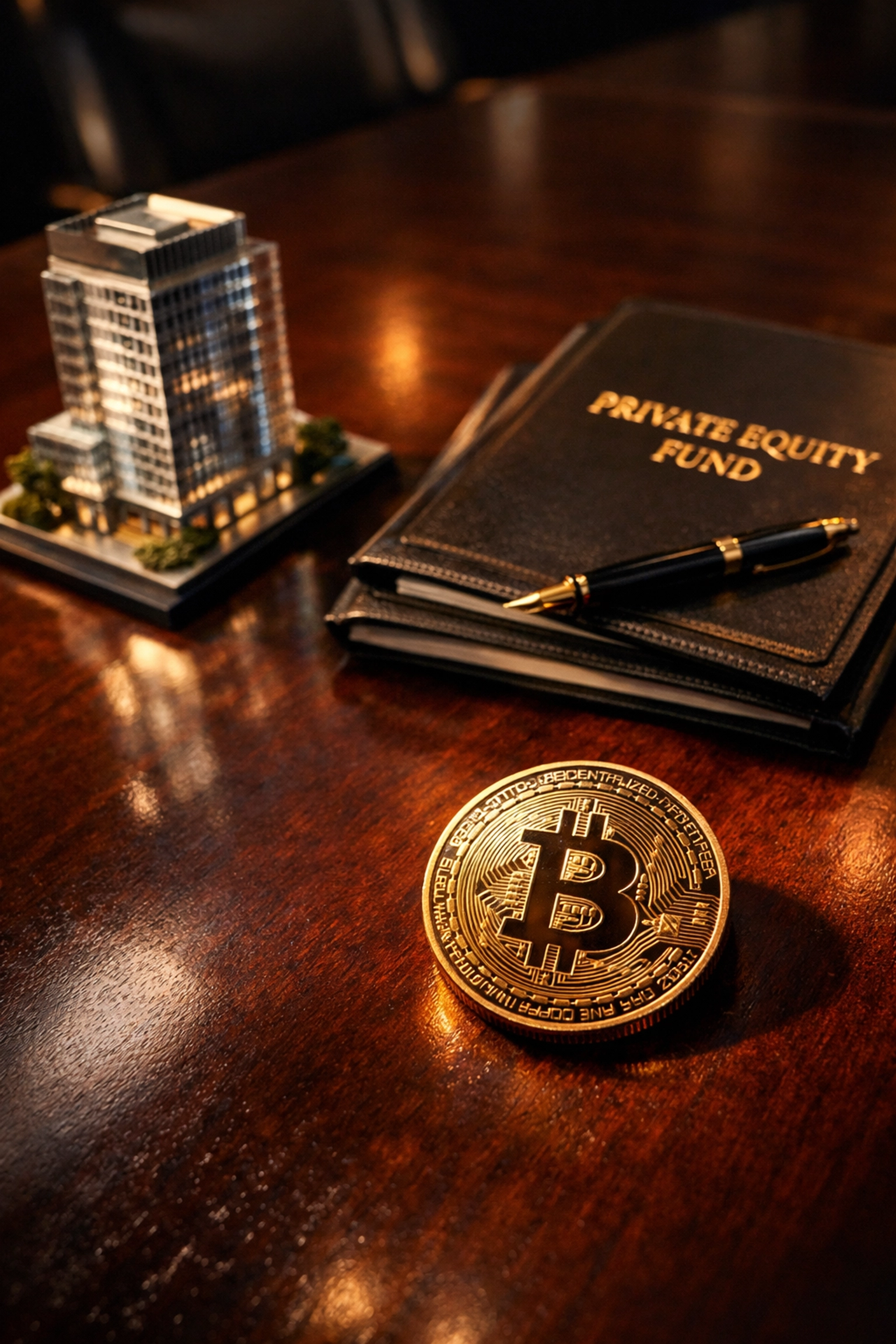 Private equity documents and Bitcoin on boardroom table representing institutional investment options