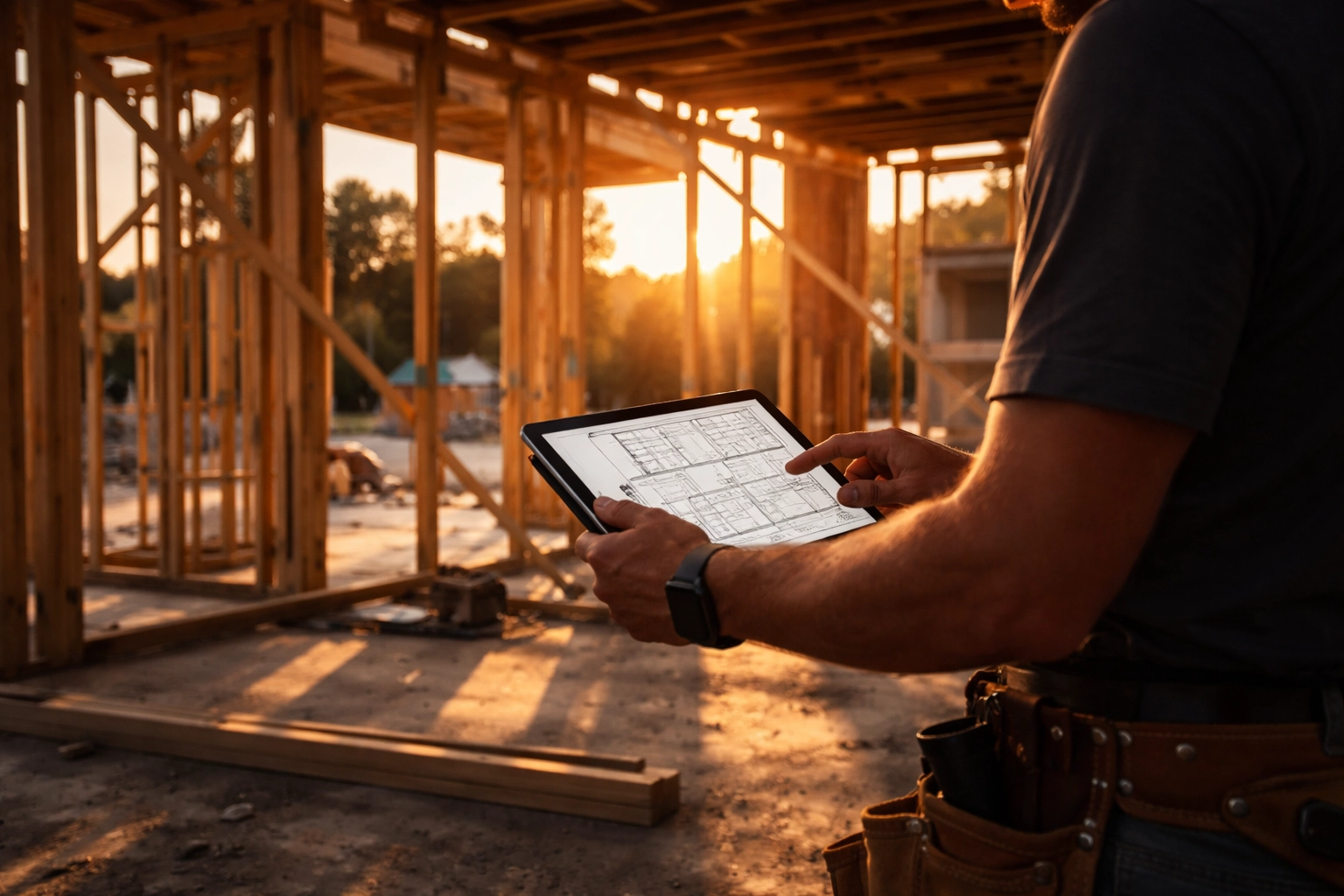 Brisbane builder reviews digital blueprints at a new home construction site during sunset, highlighting craftsmanship and technology integration.
