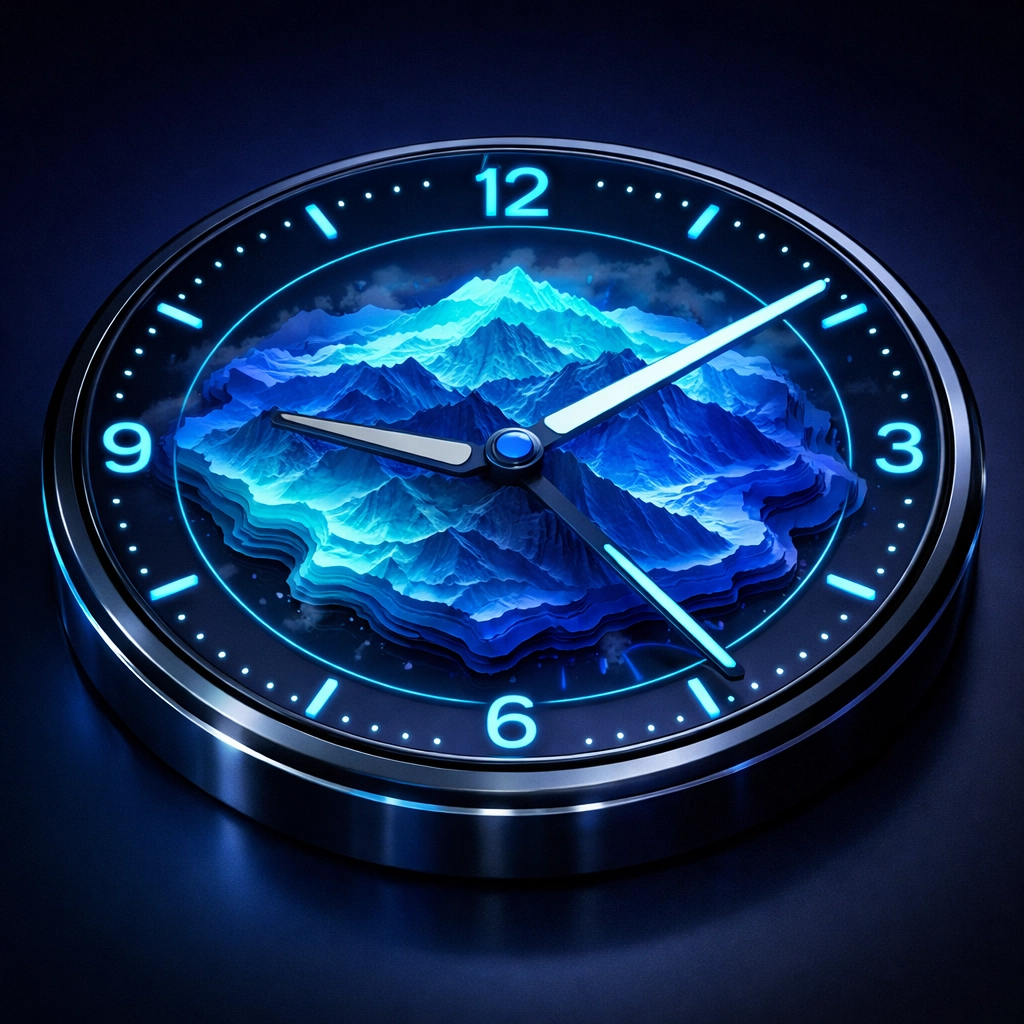Conceptual clock face merging with Blue Ridge Mountain peaks representing Asheville time zone.