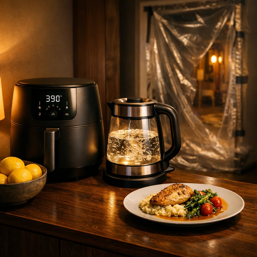 A temporary kitchen setup in a living room protected from construction dust during a home renovation.