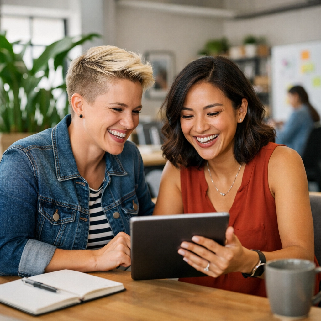 Two lesbian professionals collaborating in an inclusive workplace, demonstrating the power of a queer career network.
