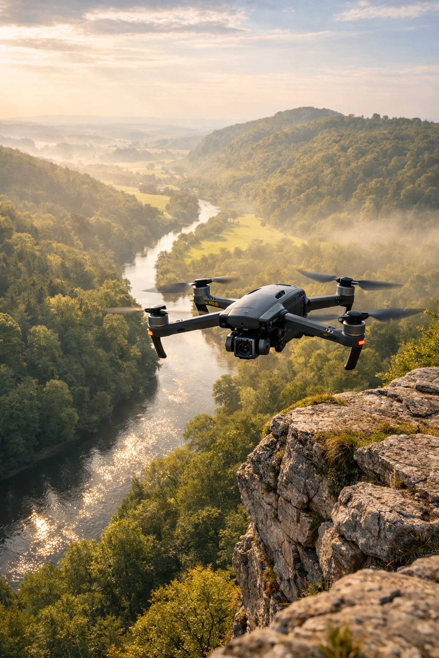 Drone performing a cremation ashes scattering service over the scenic Symonds Yat Rock and River Wye valley.