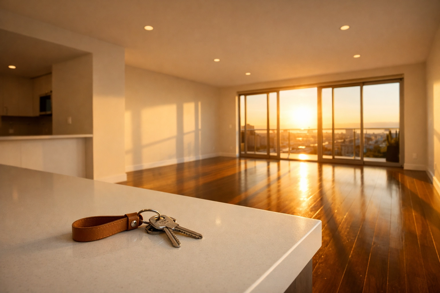 Show-ready apartment with keys on a kitchen counter after a successful turnover process.
