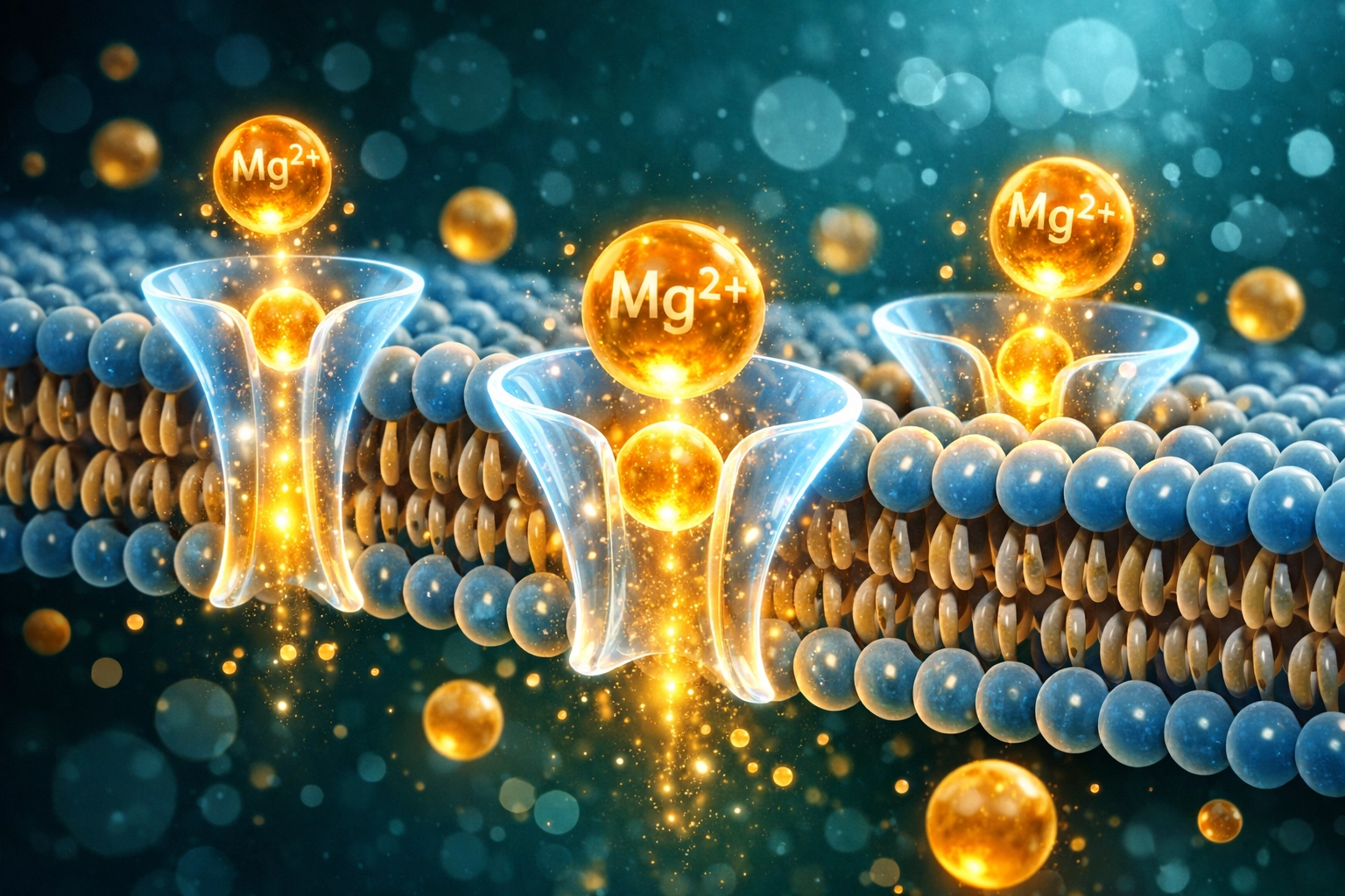 Microscopic view of magnesium ions absorbing through cell membrane channels for peak bioavailability.