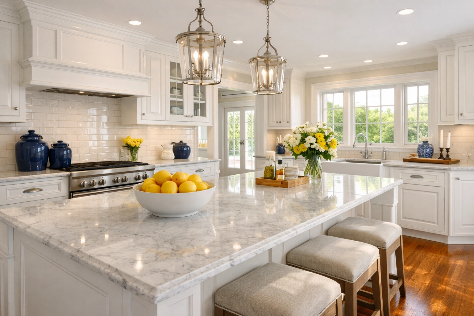 Deep cleaning in a Westford kitchen with white cabinets and marble countertops by MetroWest cleaning services.