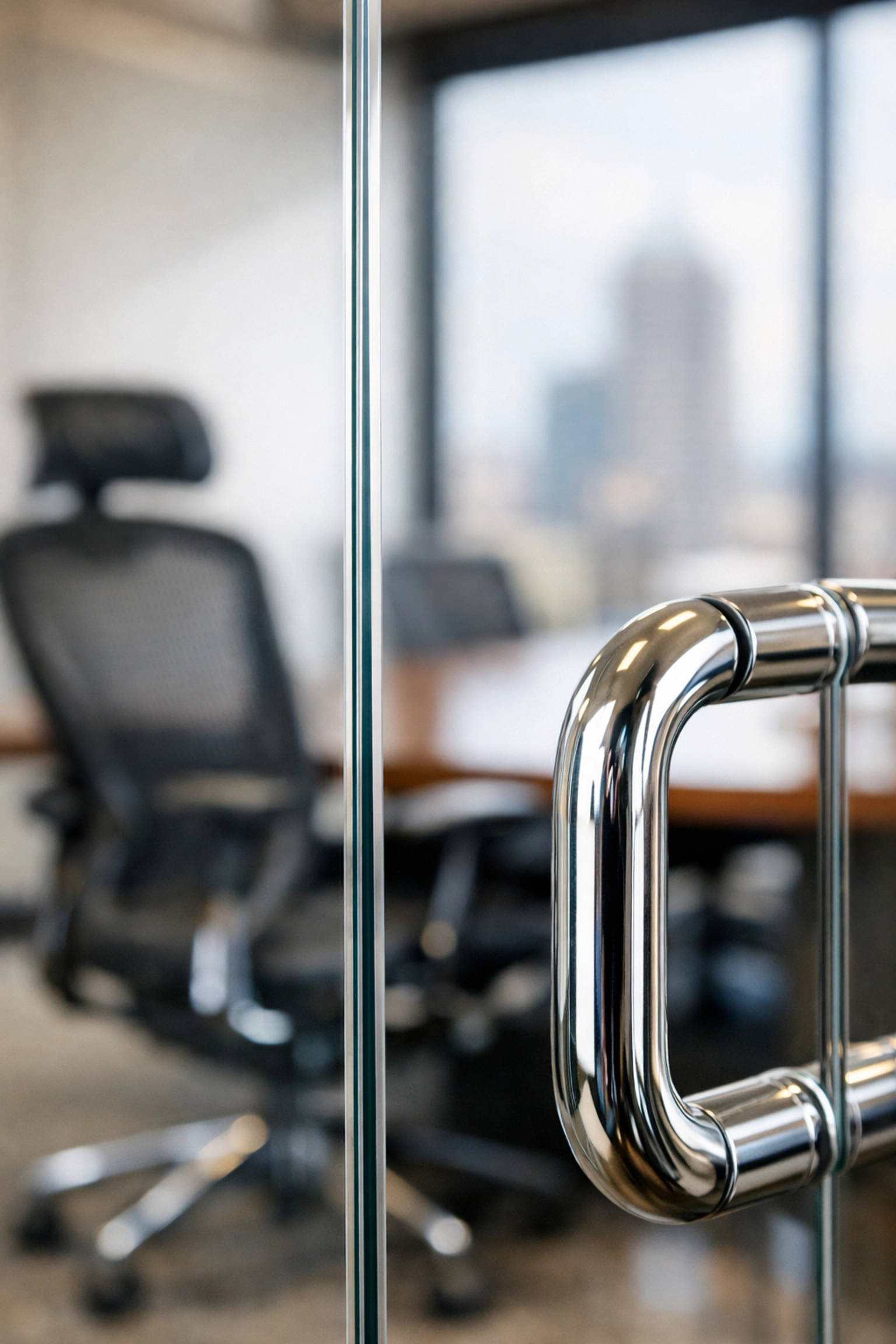 Spotless glass conference room door in a downtown Indianapolis office showing detailed cleaning.