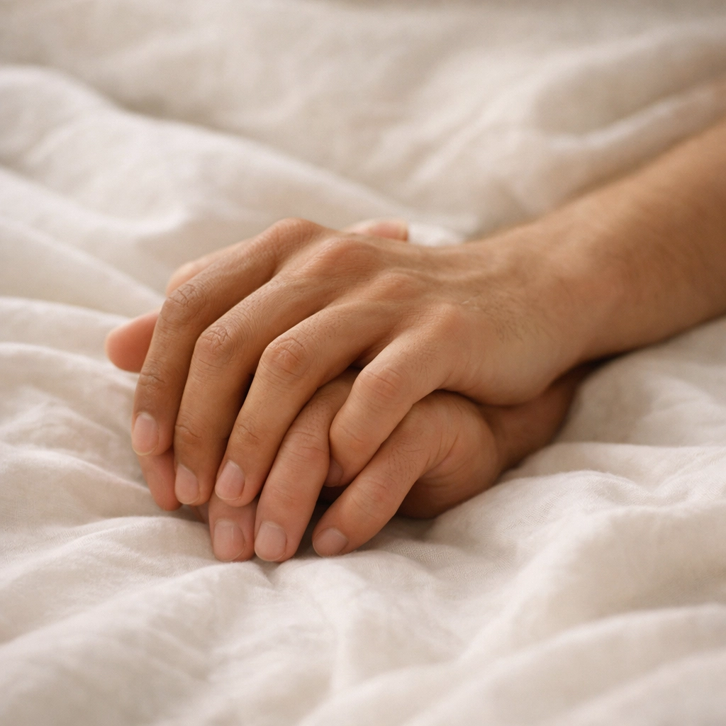 Close-up of two men's hands intertwined on a bed, representing the heart of MM romance fiction.