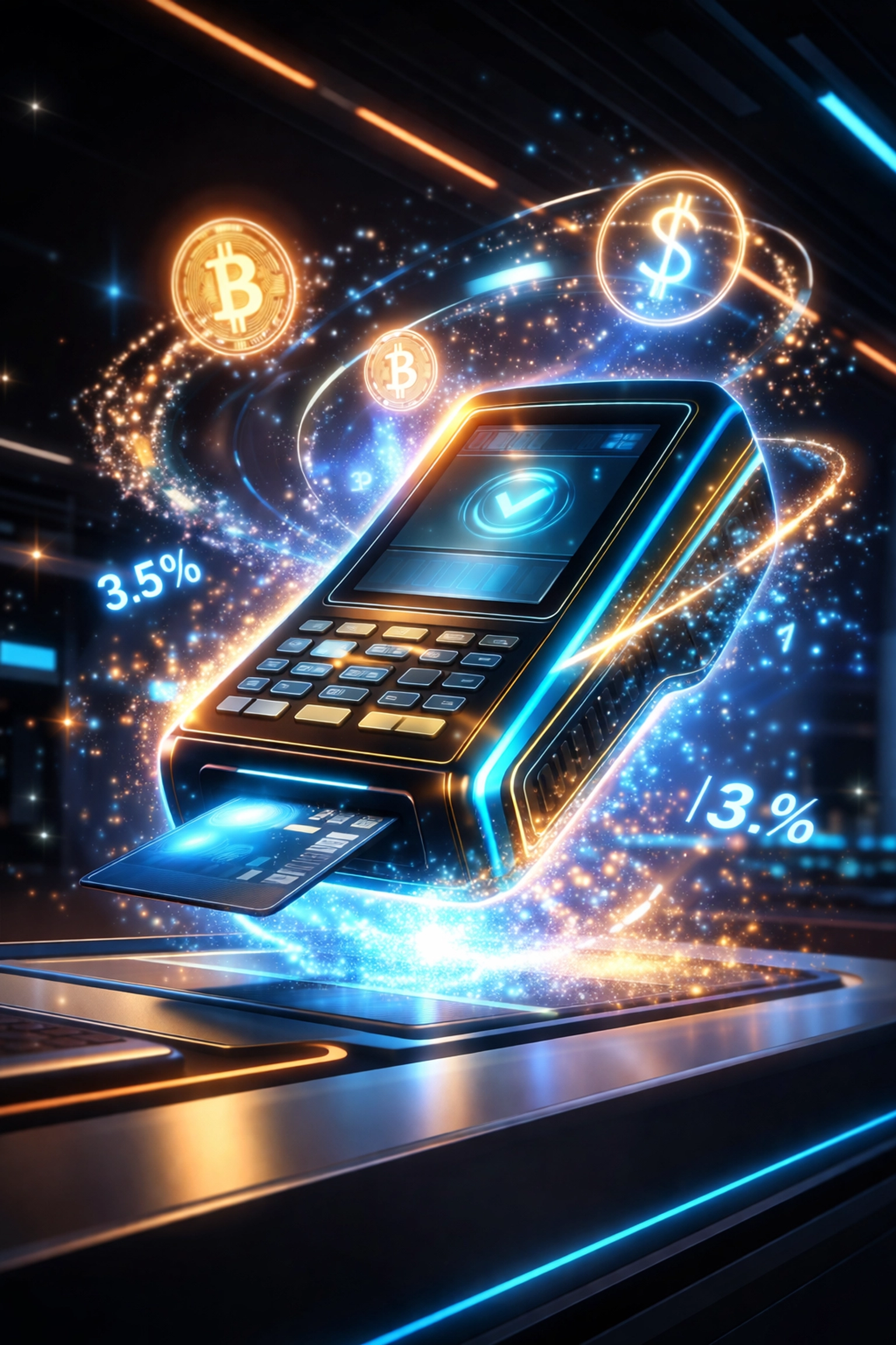 Futuristic crypto point-of-sale terminal showcasing reduced payment fees and digital currency symbols for merchants