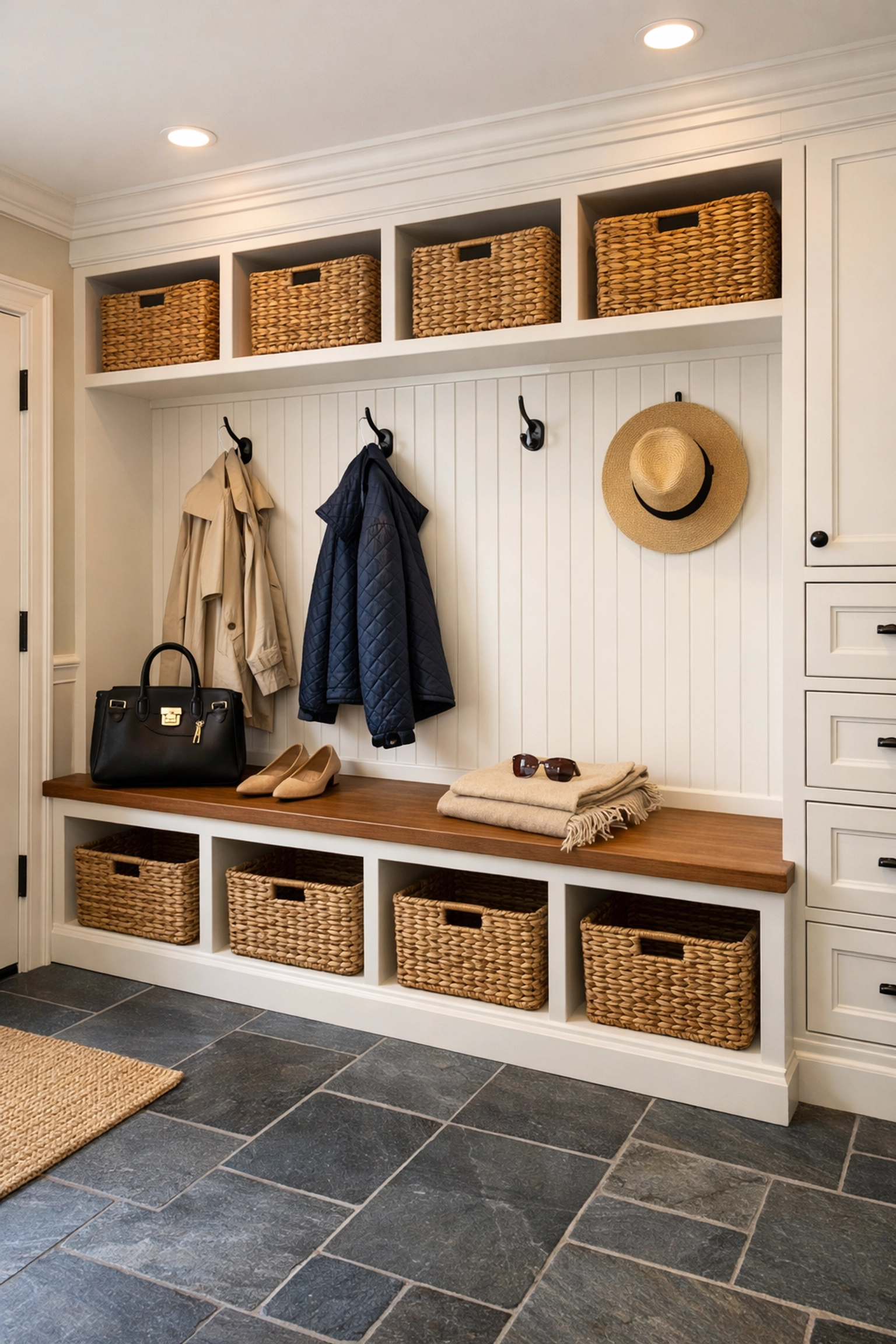 Organized luxury mudroom reset with custom cabinetry and clean floors in a Lincoln residence.