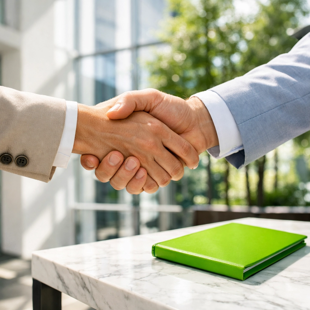 Professionals shaking hands to represent local community partnerships that boost website backlink authority.