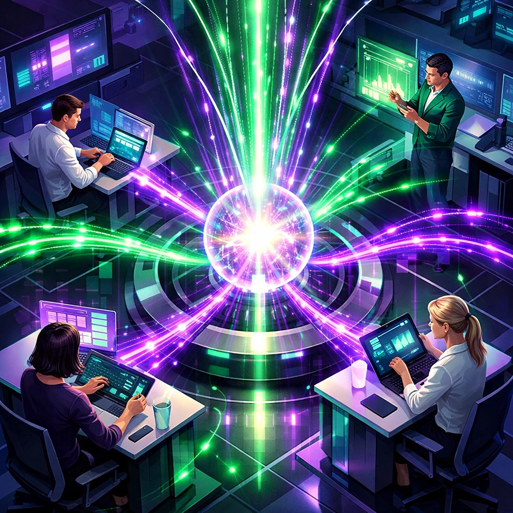 Teamarbeit im digitalen Workspace als Beispiel für praxisnahe KI-Mitarbeiterschulungen.