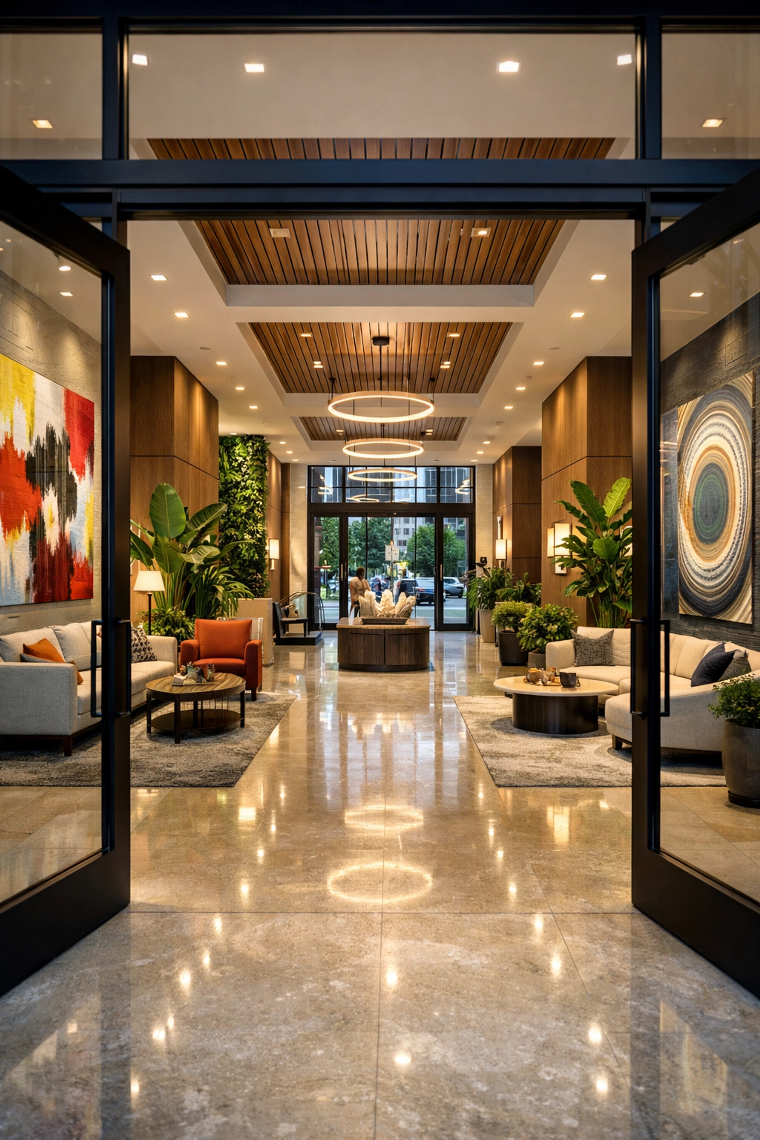 Vibrant and clean modern multi-family residential lobby with polished floors and greenery.