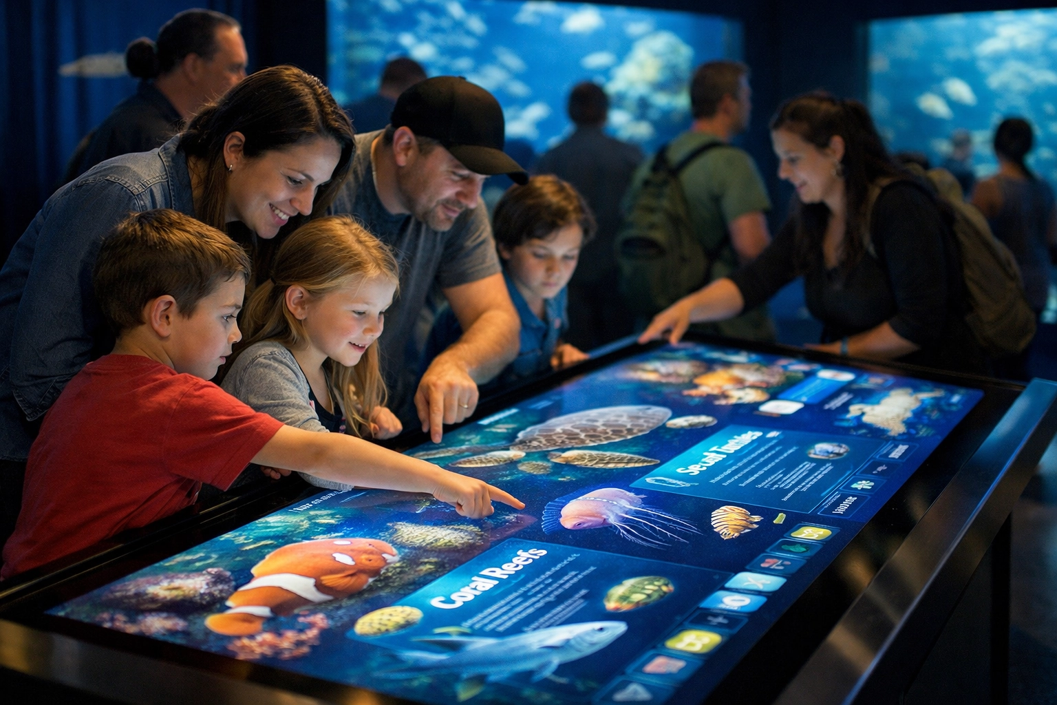 Families engaging with interactive touchscreen display at aquarium exhibit showing marine life
