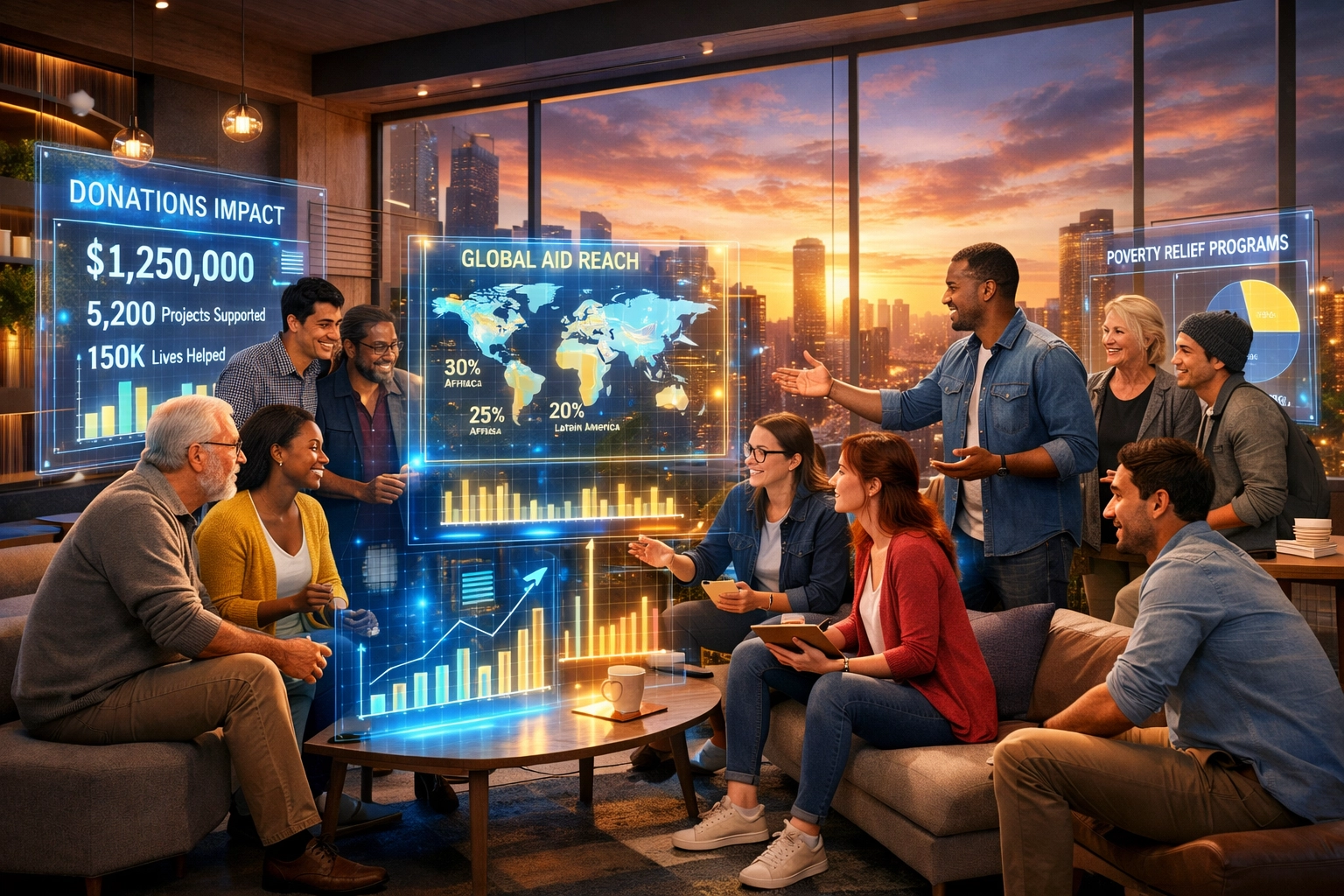 Diverse community members collaborating on charity impact metrics in modern Larecoin social hub