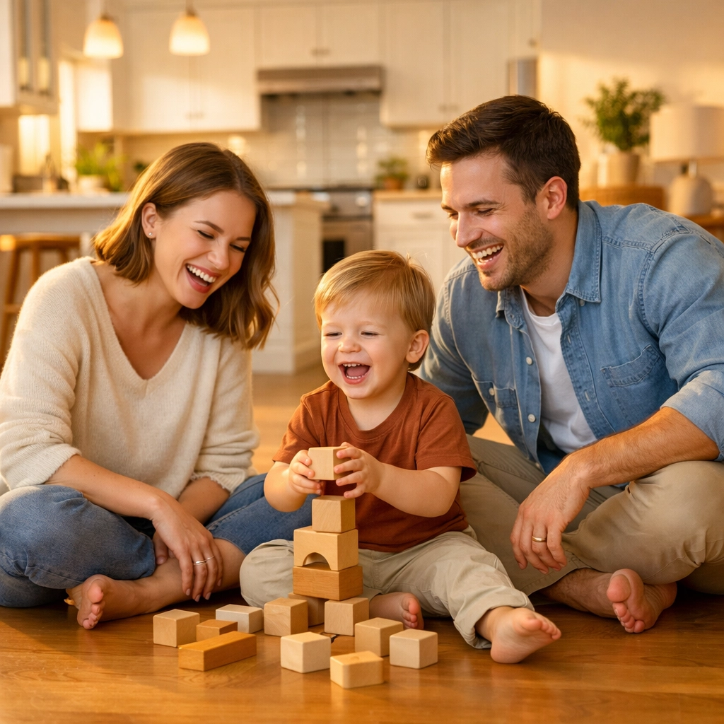 Family relaxing on a clean floor after a professional house cleaning Winter Park service, enjoying their weekend.