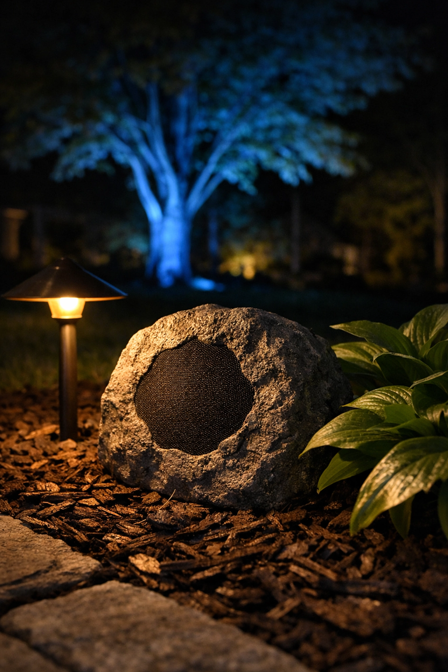 Outdoor Audio Systems 101: A Beginner’s Guide to Mastering Your Backyard Sound Discrete outdoor rock speaker nestled in mulch with warm LED landscape lighting in a Central Kentucky backyard.