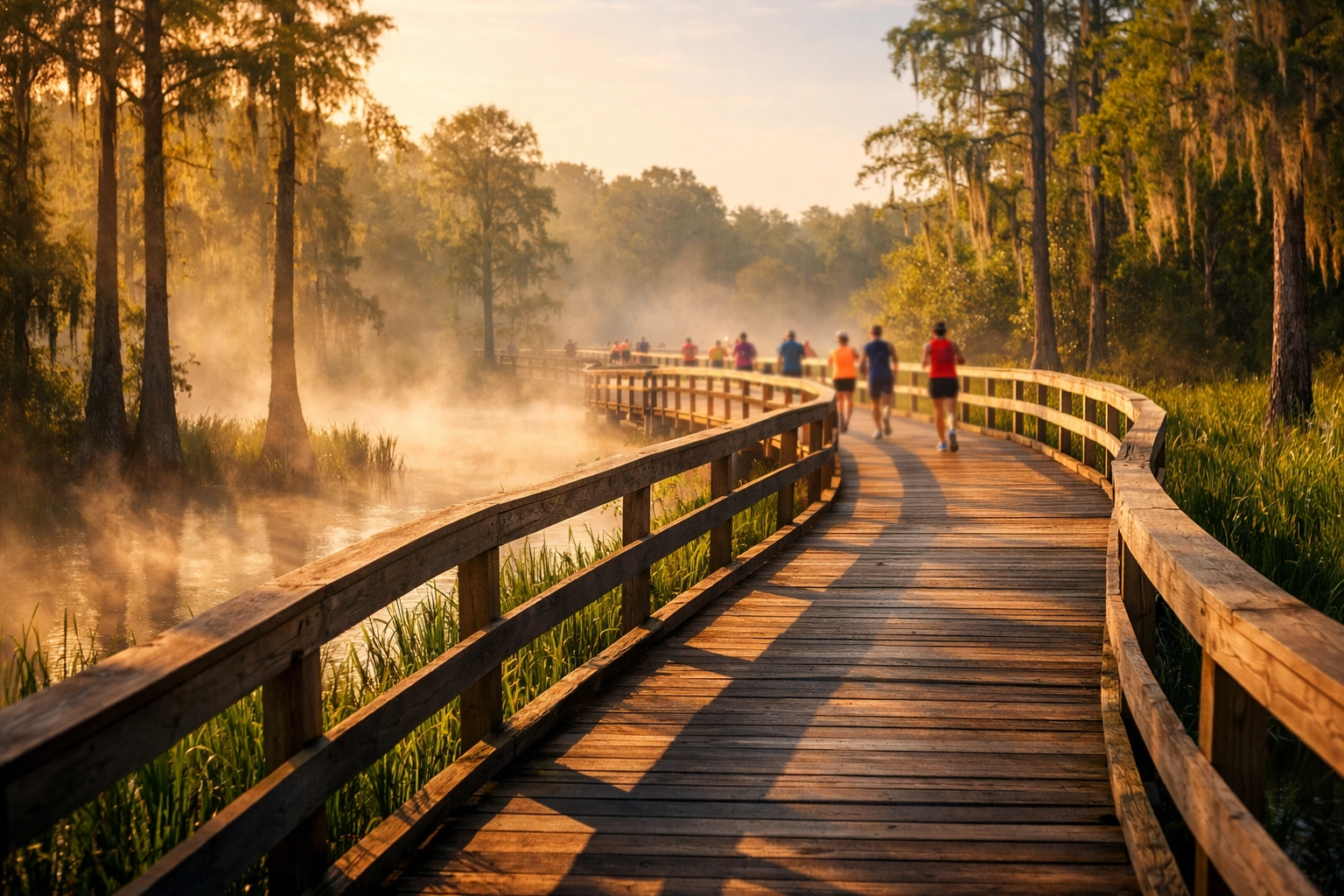Runners on the boardwalk at Conestee Nature Preserve during a 5k running event in Greenville SC.