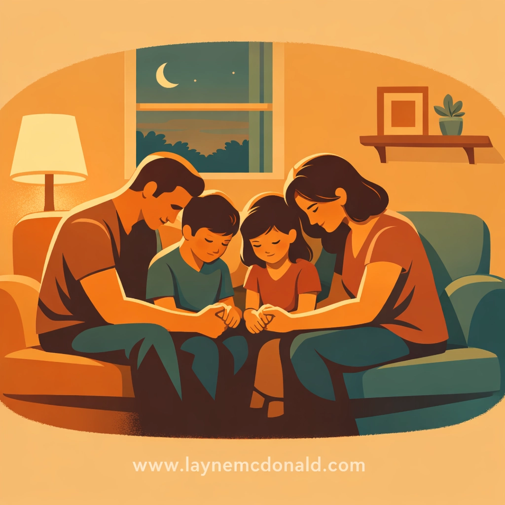 Christian family praying together during home devotions in living room