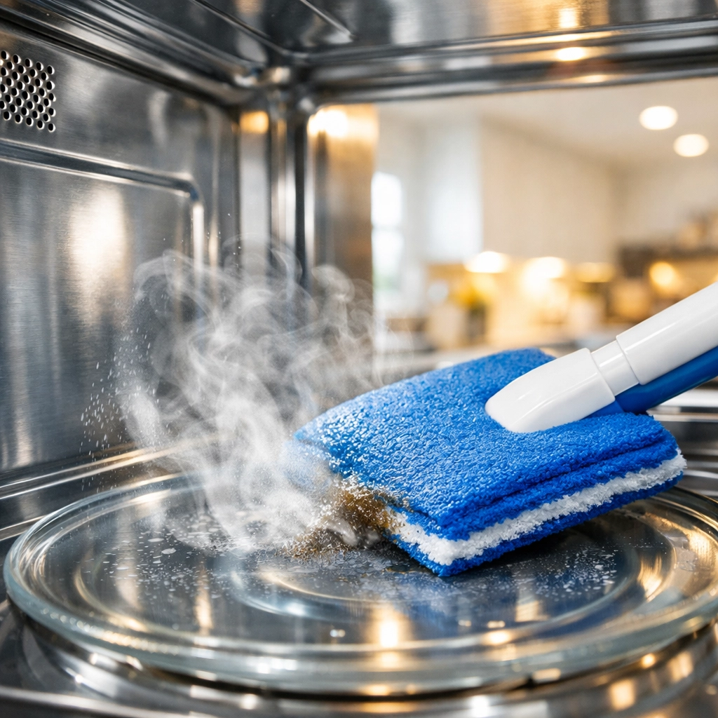 Steam cleaning a kitchen appliance during a spring cleaning in Massachusetts session.
