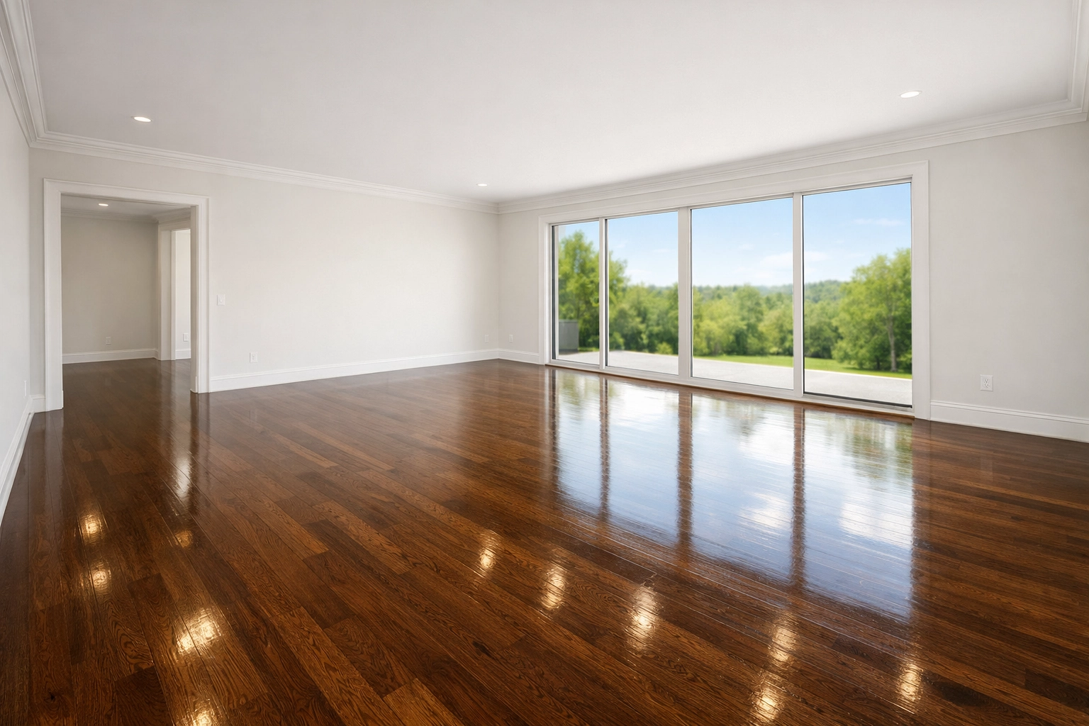 Clean living room with polished wood floors after a Move-Out Professional House Cleaning in Leicester, MA.