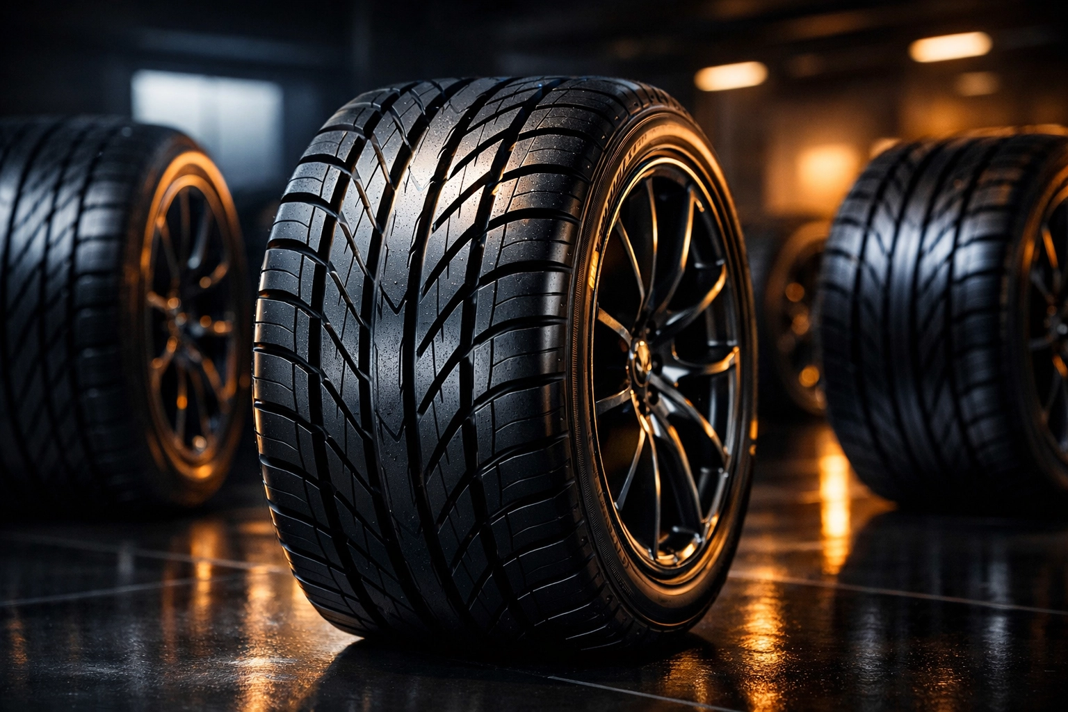 High-quality premium tires with deep tread patterns displayed at DrivenMotos Auto Care Clinic.
