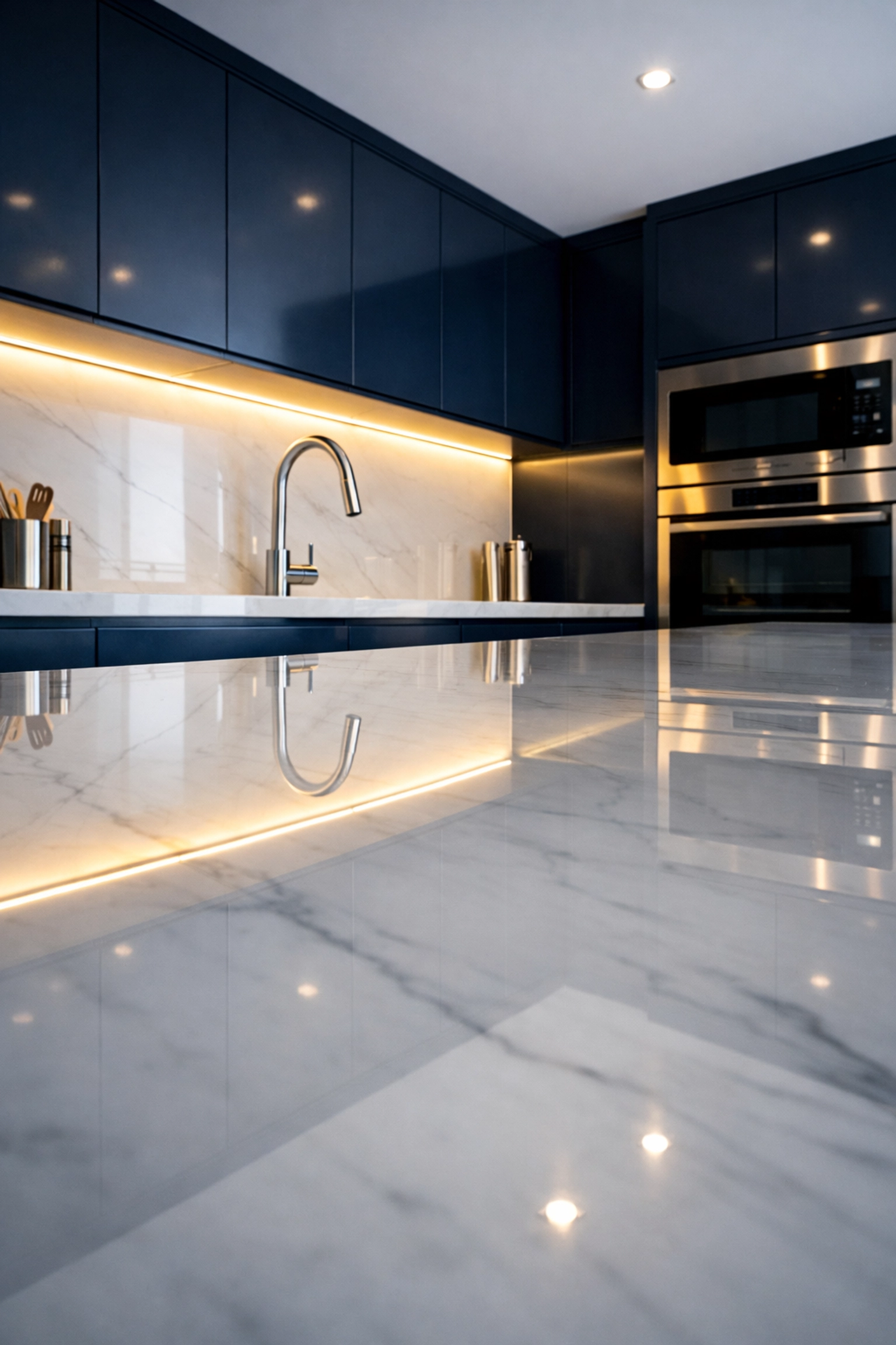 Spotless modern kitchen with marble countertops showing the precision of professional cleaning services near me.