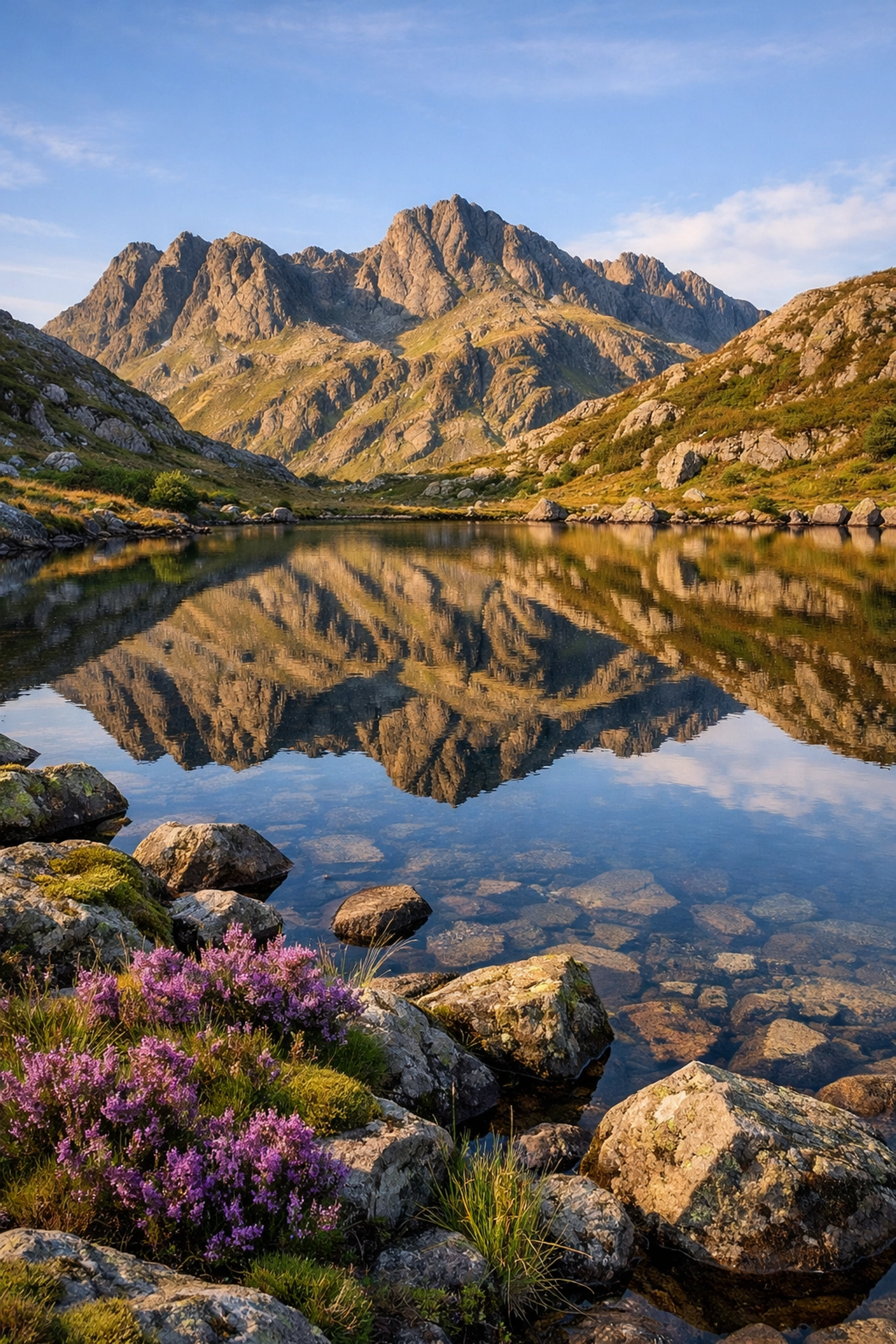 Scenic mountain tarn reflection in the Lake District during a guided walking tour.