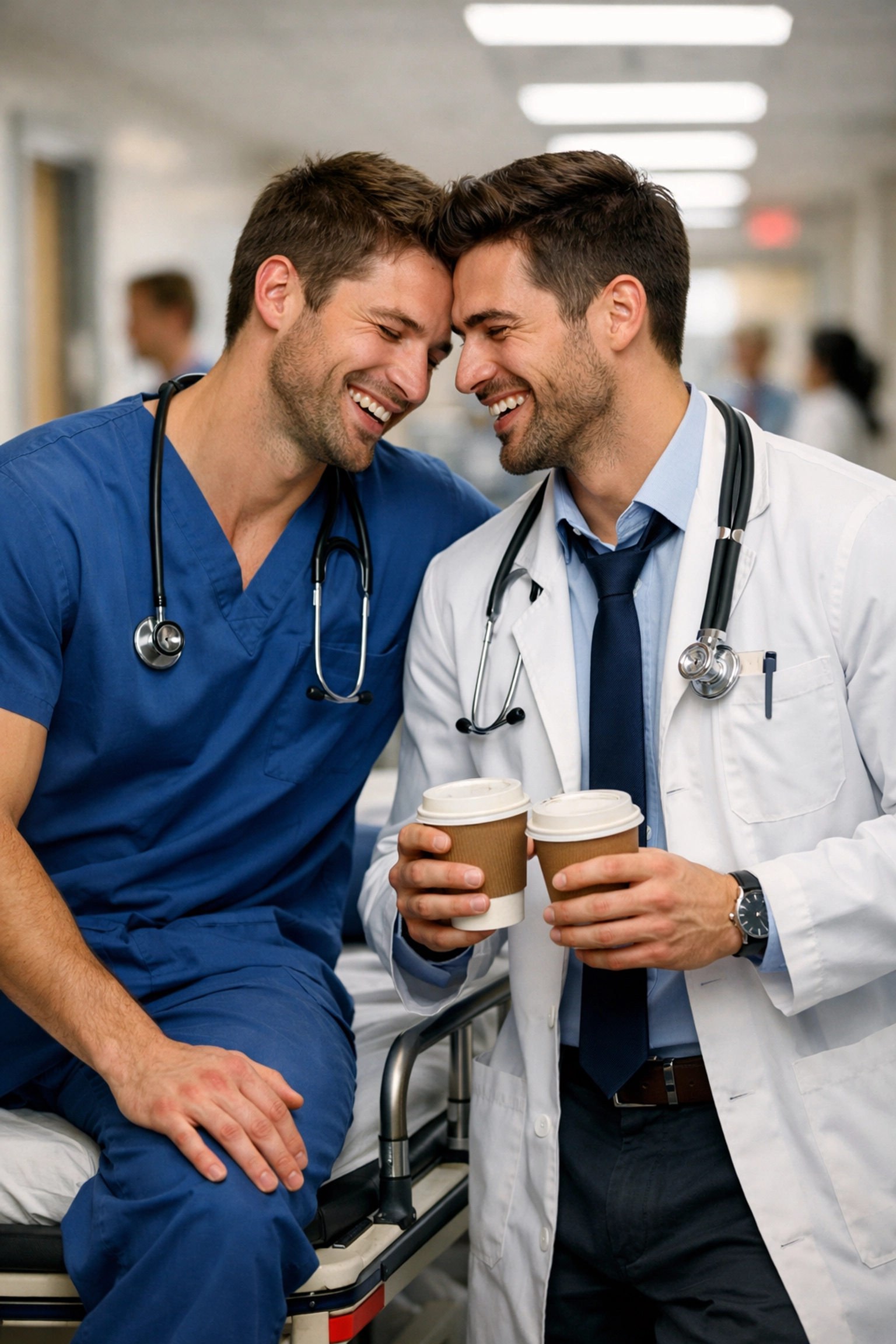 A gay nurse and doctor sharing a laugh and coffee in a hospital hallway, depicting an MM romance connection.