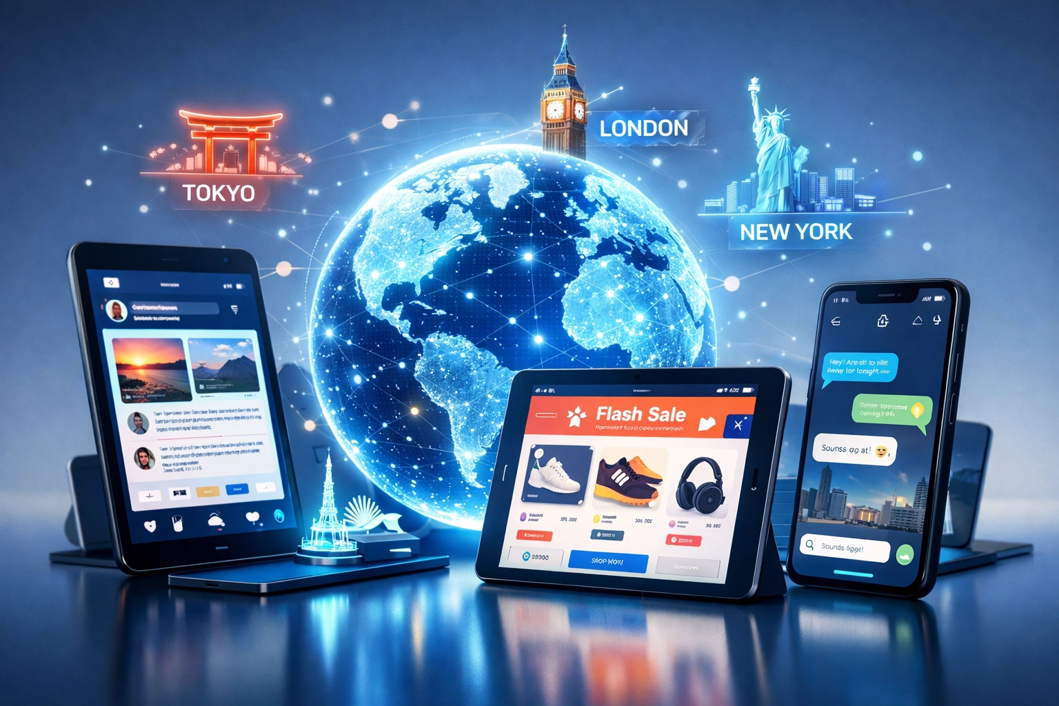 Digital devices showing localized marketing platforms on a global map for cross-border advertising.