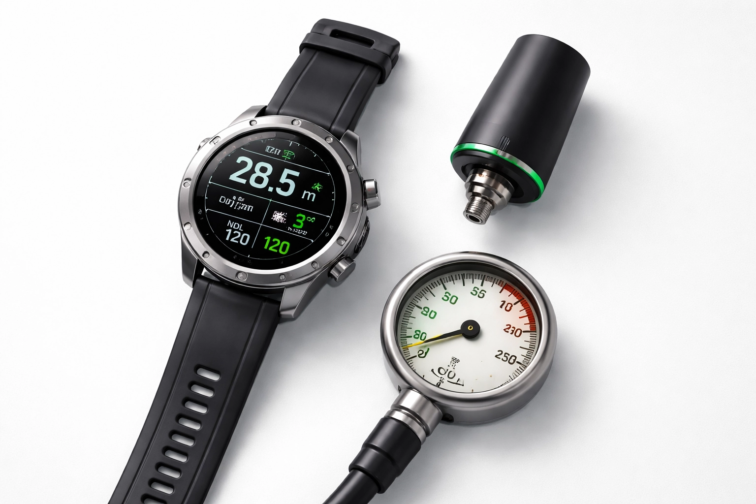 Dive-Computer, Sender und analoges Finimeter im Vergleich – moderne Luftintegrations-Technik für sicheres Tauchen