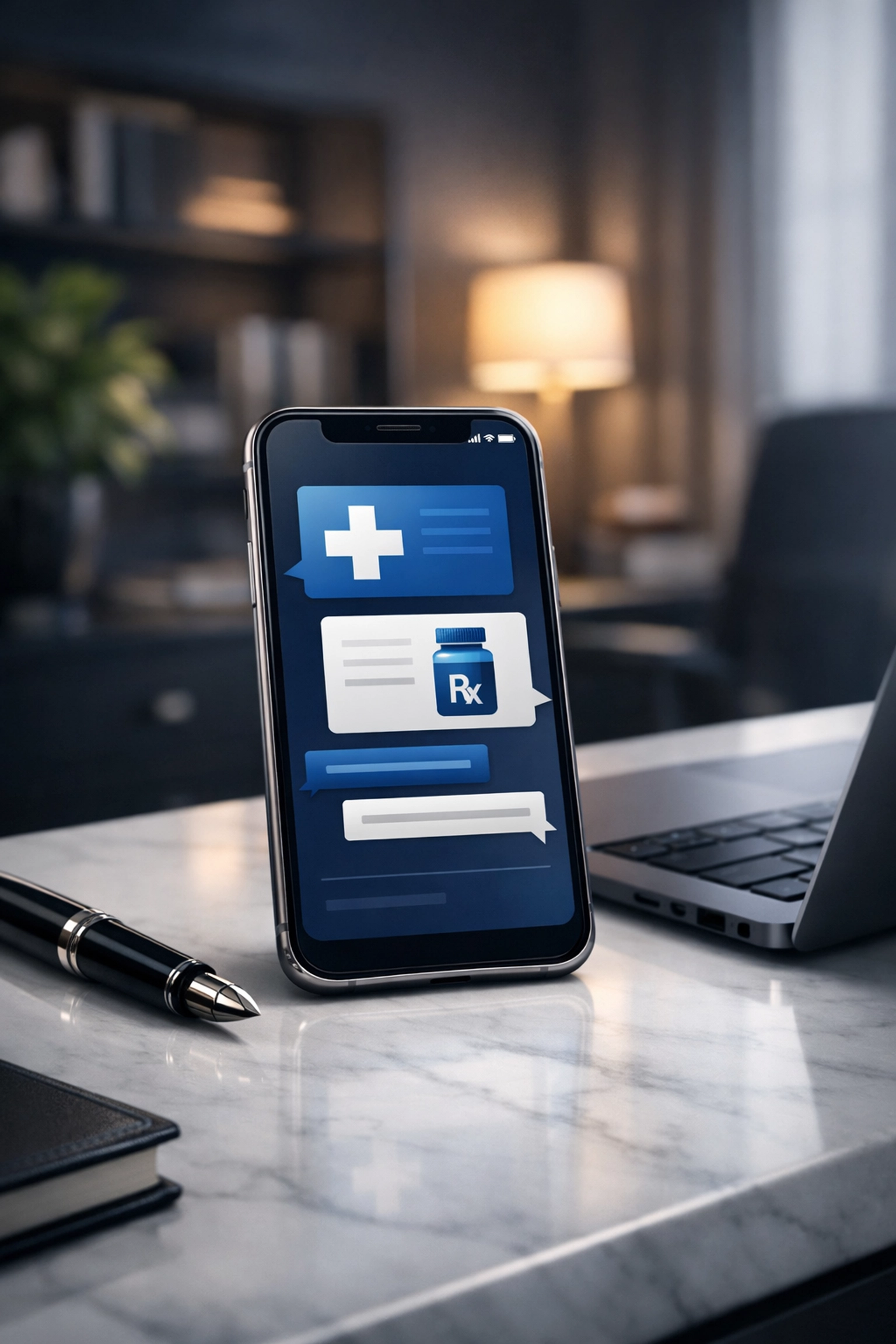 Secure chat with a doctor for online urgent care and prescriptions on a smartphone in a professional office.