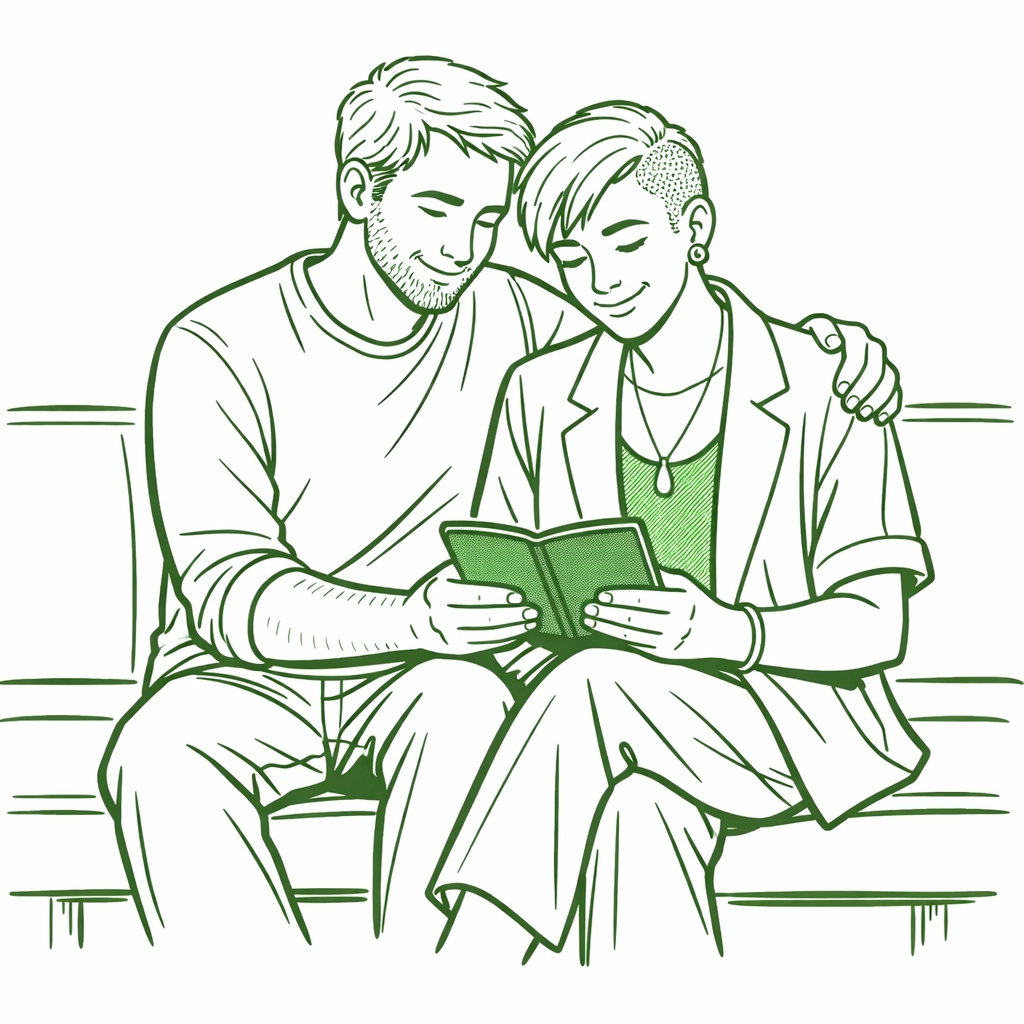 A man and his non-binary partner reading an e-book together, depicting a happy ending in MM romance.