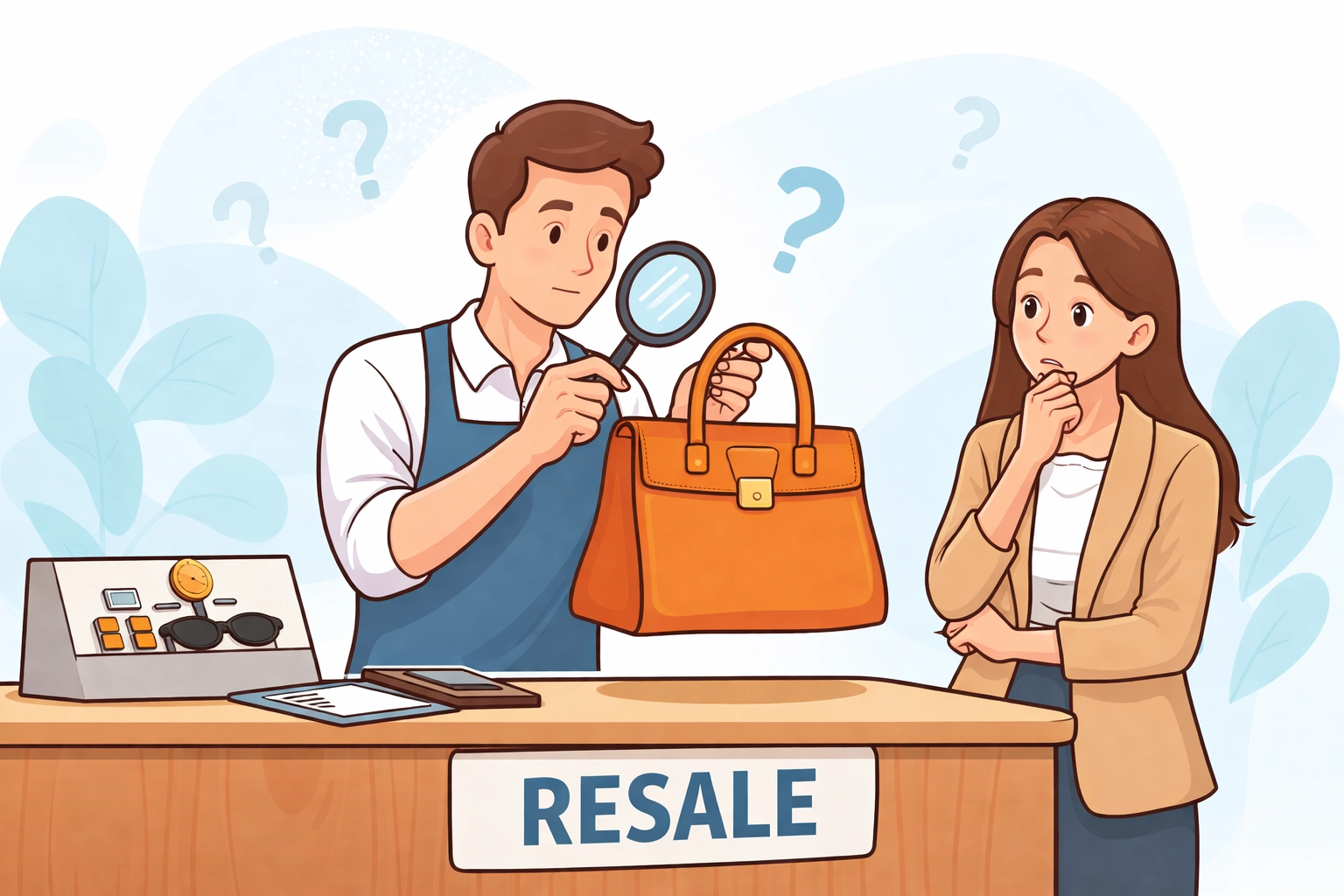 Resale store owner examines a luxury handbag for authenticity while a concerned customer waits, highlighting trust issues in secondhand luxury sales.