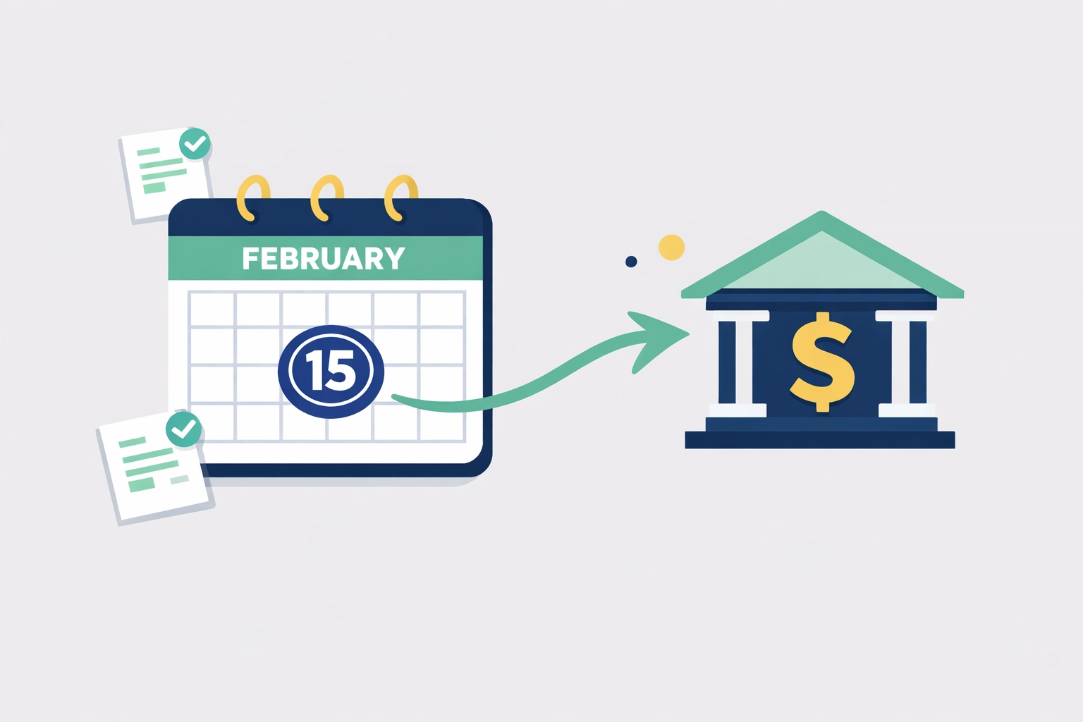 Calendar showing February 15th tax refund release date with bank icon and processed tax forms